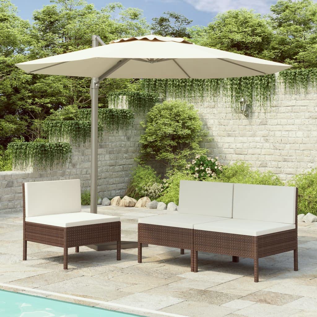 vidaXL Weather-Resistant Patio Chairs – Outdoor Furniture in Brown with Cream White Cushions – Pack of 3 – Sturdy Steel and Poly Rattan