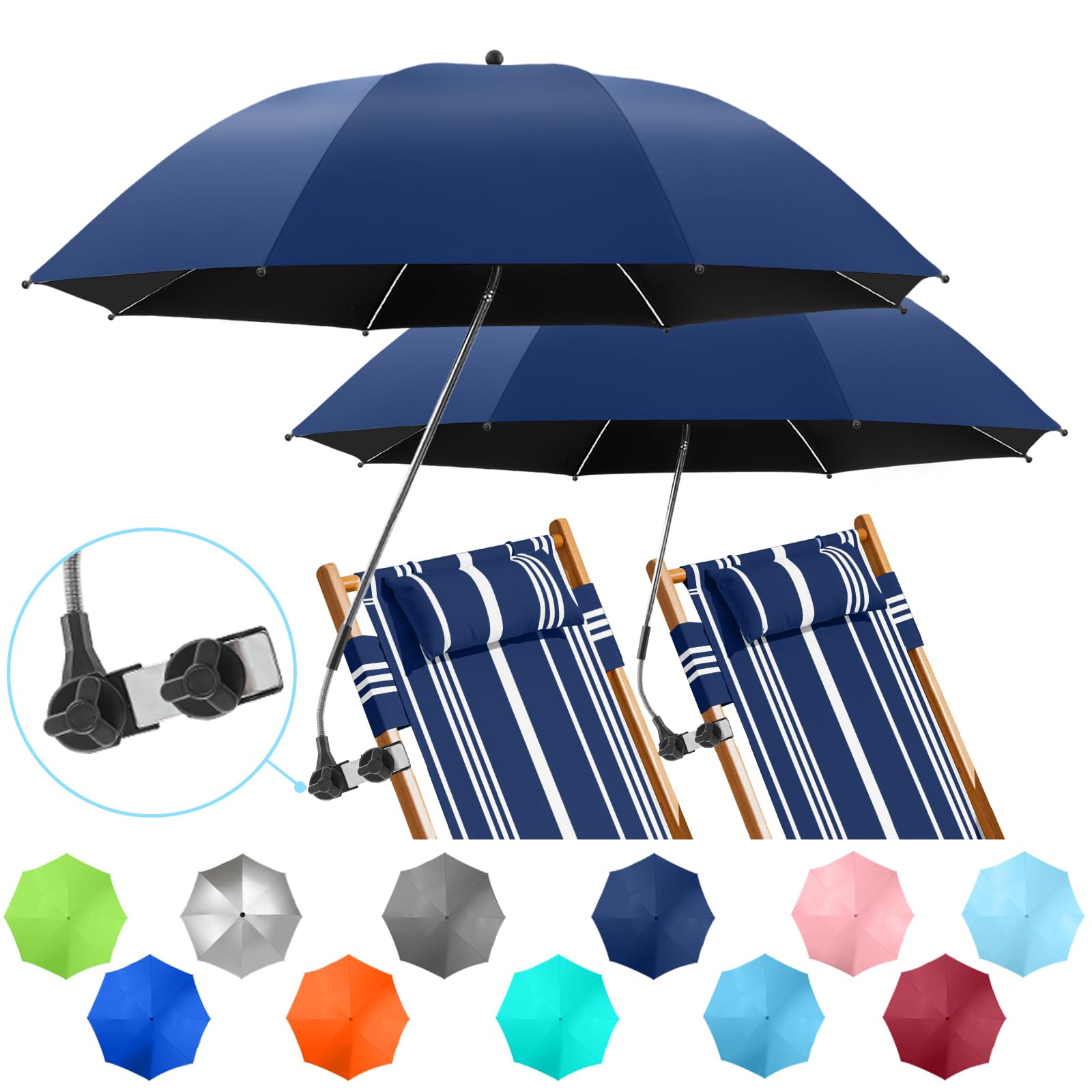 Nbtous 2 Pack Chair Umbrella With Clamp, 360  Adjustable Umbrella For Chair, Upf50+ Umbrella For Beach Chair, Patio Chair, Campi