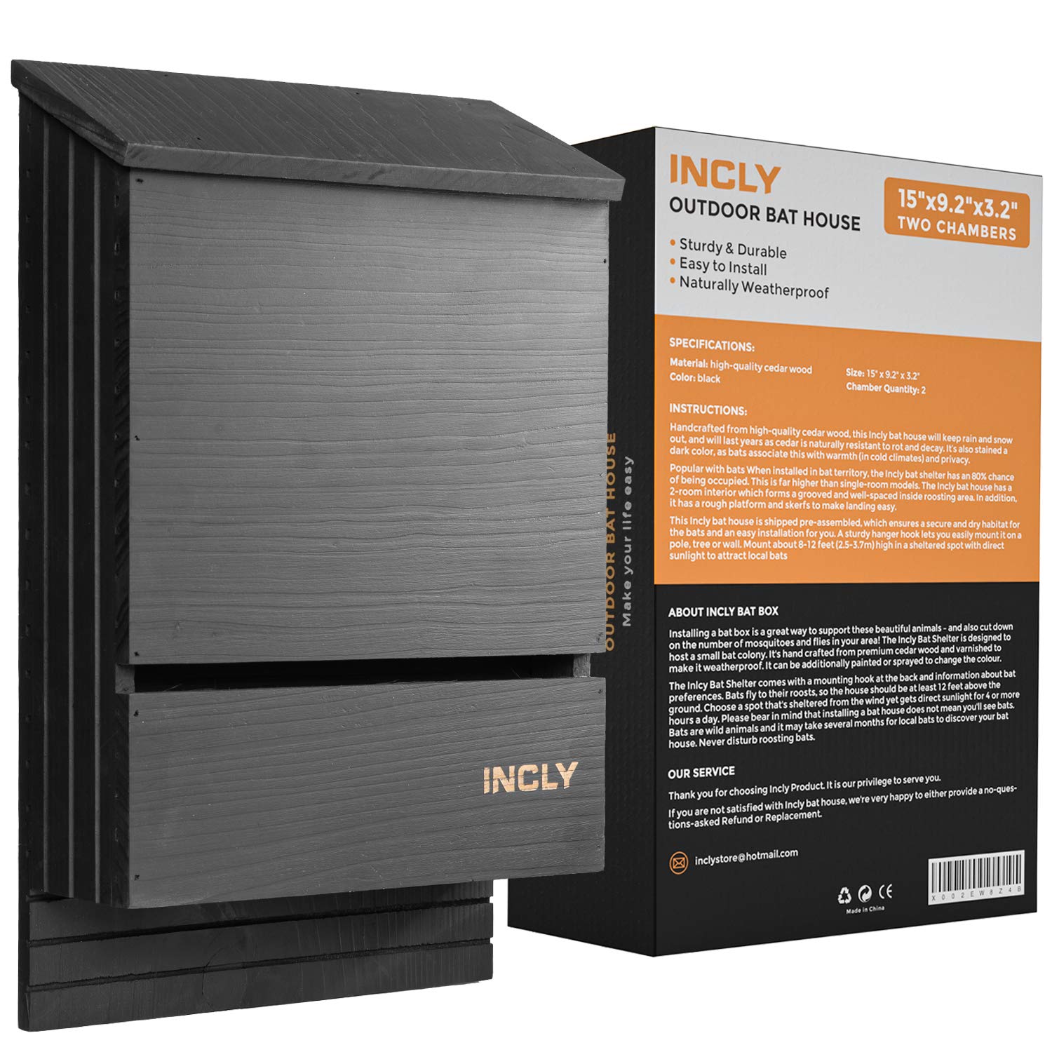 Incly Bat House For Outdoors 15'X9.2'X3.2' Shelter Box Kit Double Chamber Black Natural Cedar Wood, Pre-Finished Easy To Inst