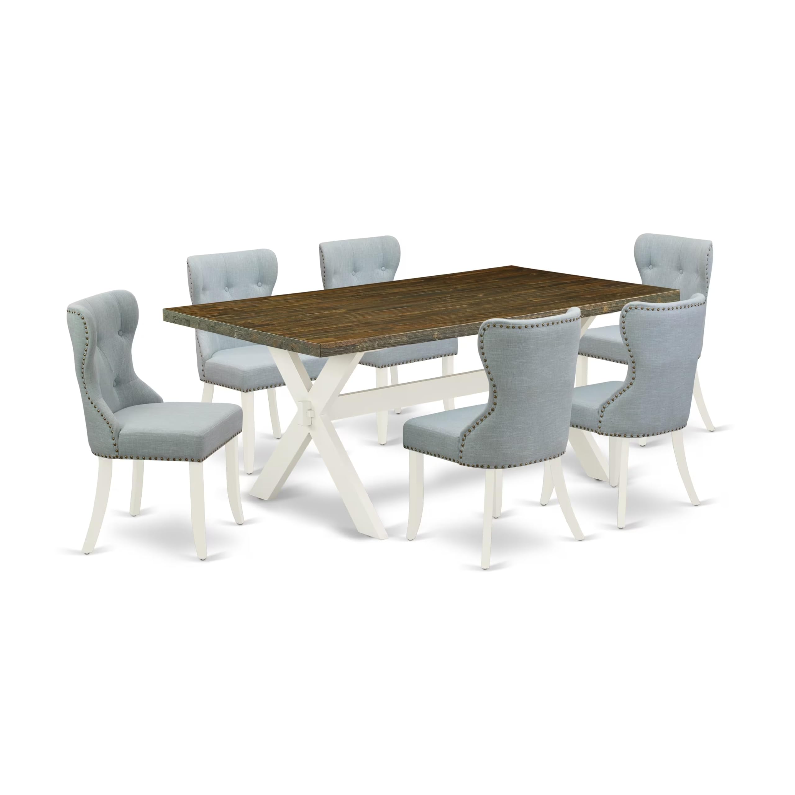 East West Furniture X077Si215-7 7 Piece Dining Table Set Consist Of A Rectangle Dining Room Table With X-Legs And 6 Baby Blue Linen Fabric Upholstered Chairs, 40X72 Inch, Multi-Color