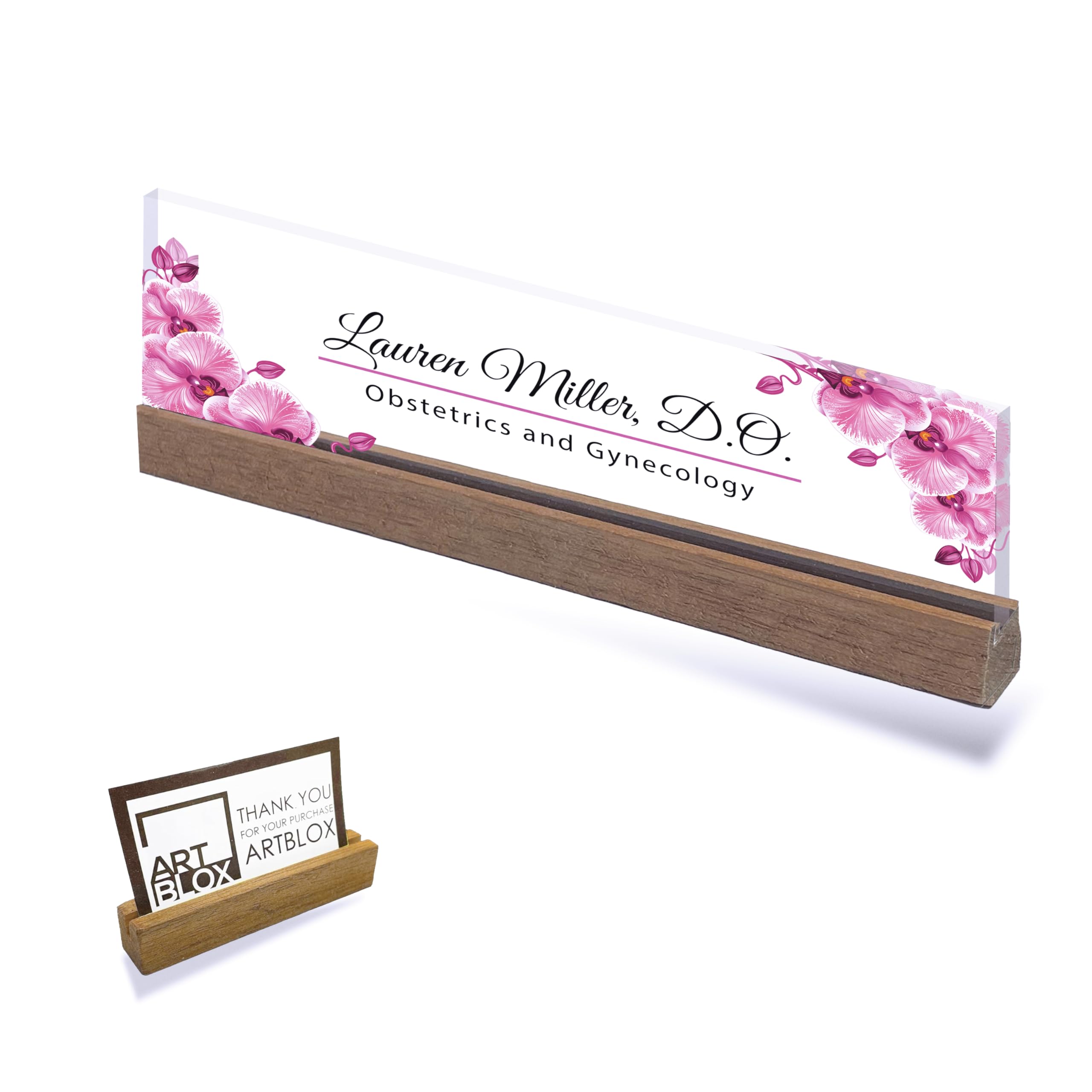 Artblox | Office Personalized Name Plate Pink Orchid V2 Design On Clear Acrylic Glass For Desk With Business Card Holder
