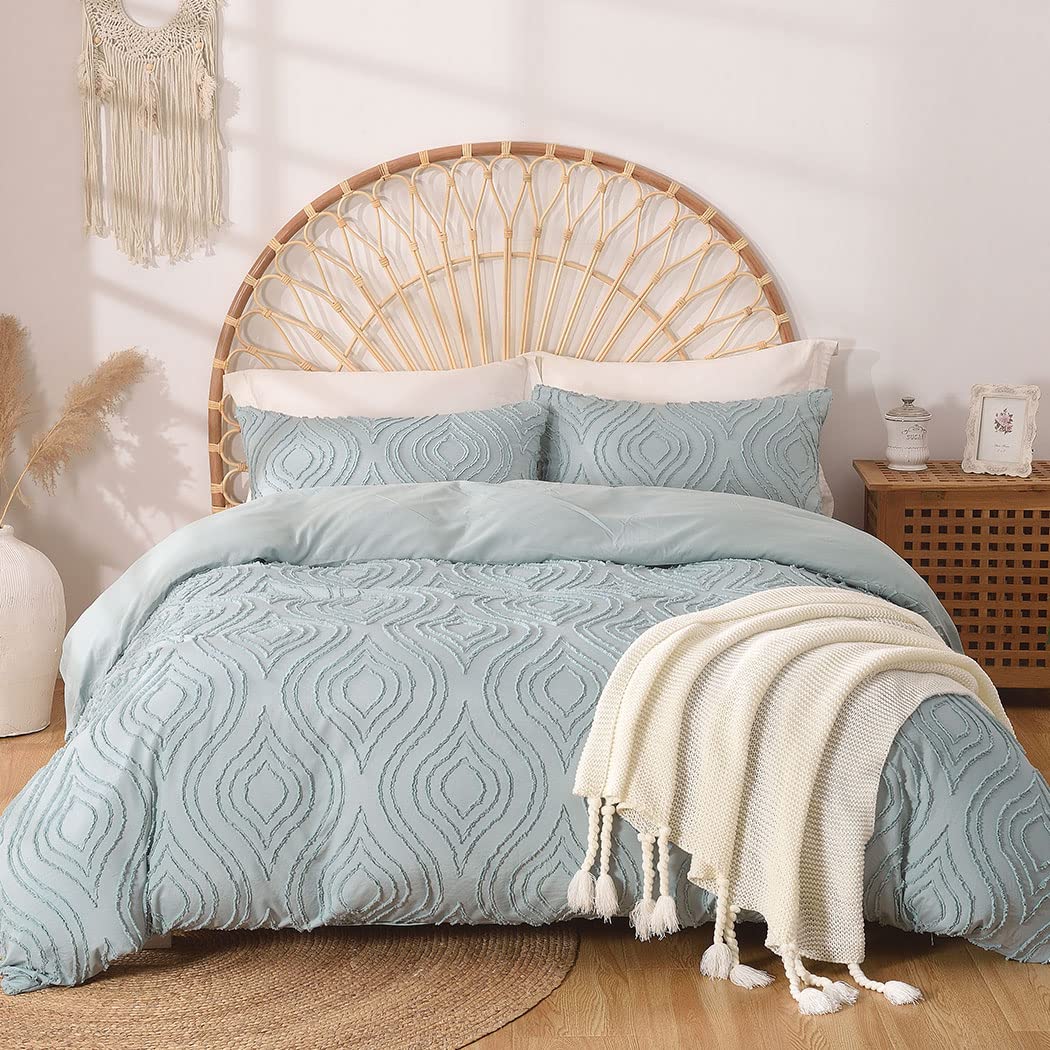 Lekesky Duvet Cover Queen Size, Teal Blue Tufted Queen 3Pc Ultra Soft Microfiber Breathable Shabby Chic Bedding Sets With Zipper