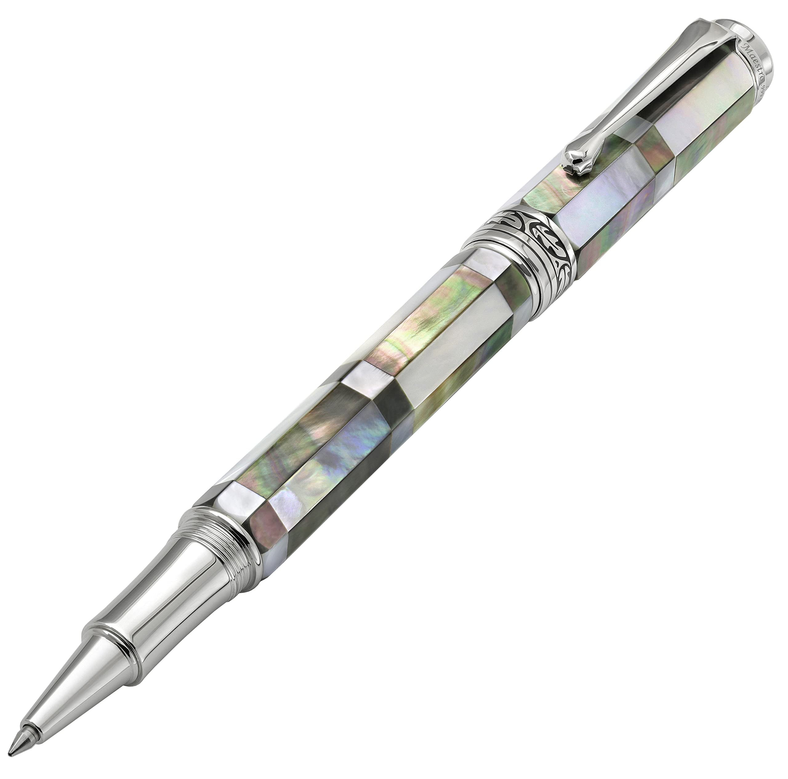 Xezo Maestro Vintage Collection    Octagonal Handmade Rollerball Pen, Fine Point. Tahitian Black And White Mother Of Pearl With