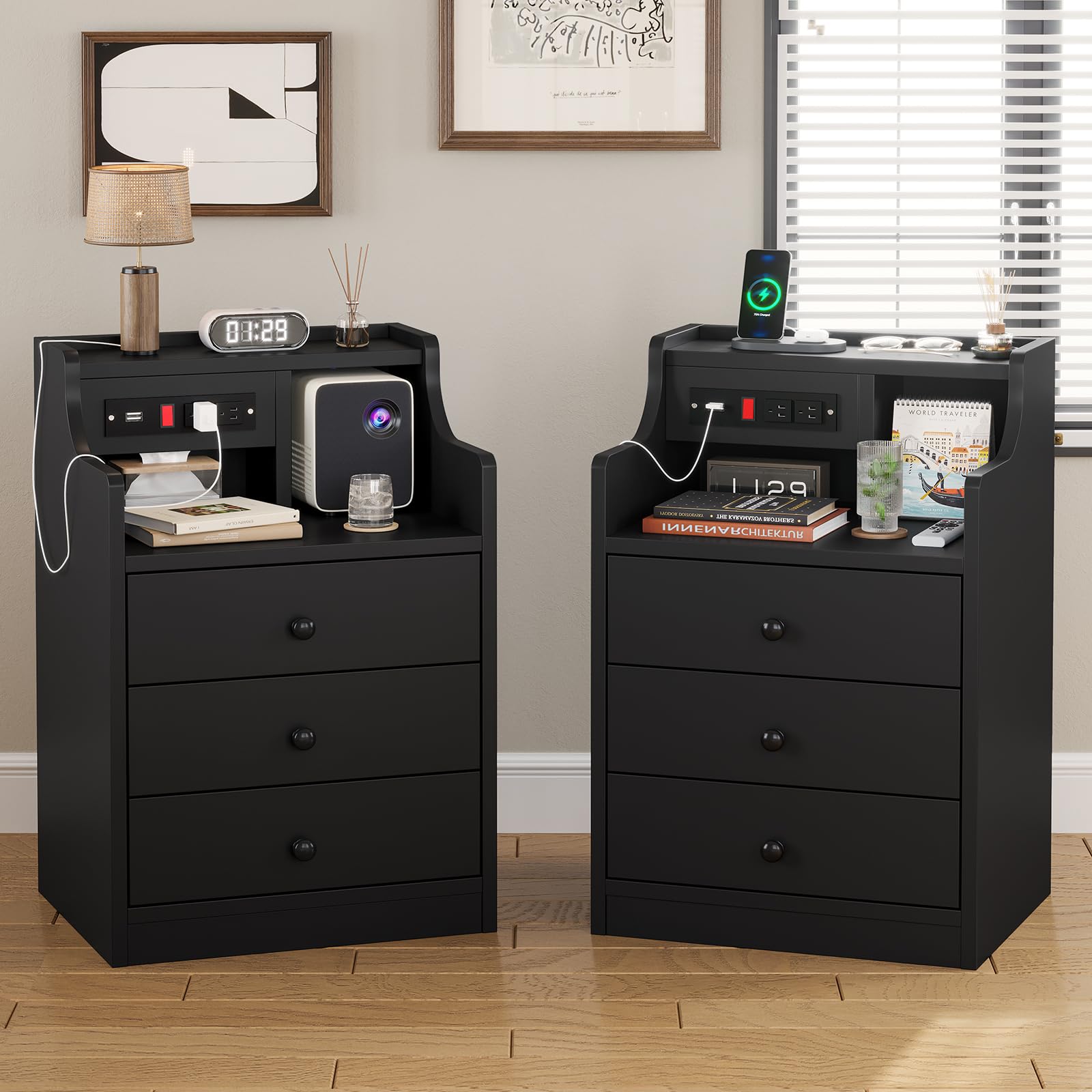 ADORNEVE Night Stand Set 2,Black Nightstand with Charging Station & Hutch,Night Stands for Bedrooms Set of 2,Bedside Table with 