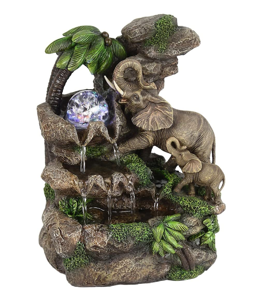 HomeRoots Multi 11' Gray Polyresin Elephant Tabletop Fountain with Light