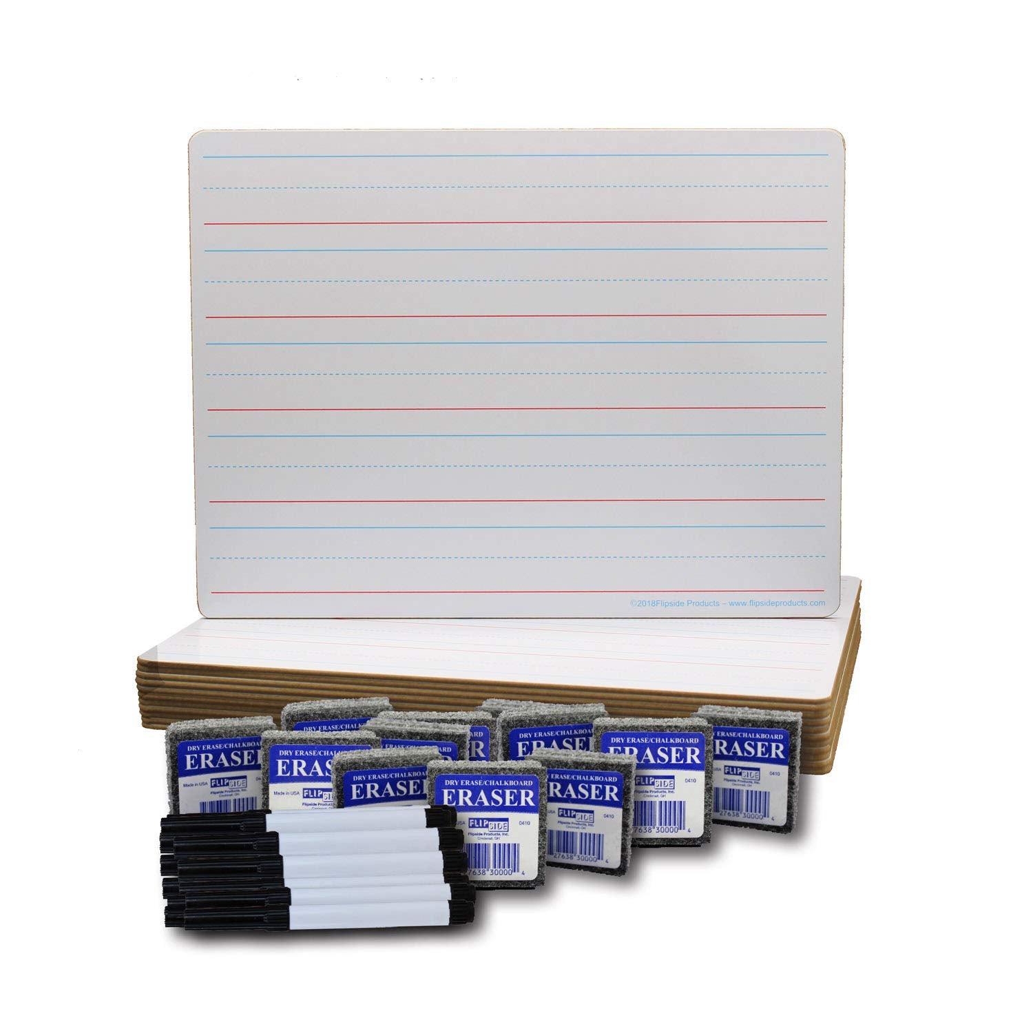 Flipside Red & Blue Ruled/Dry Erase Dual Sided Board + Pen + Student Eraser Set, 12 Sets