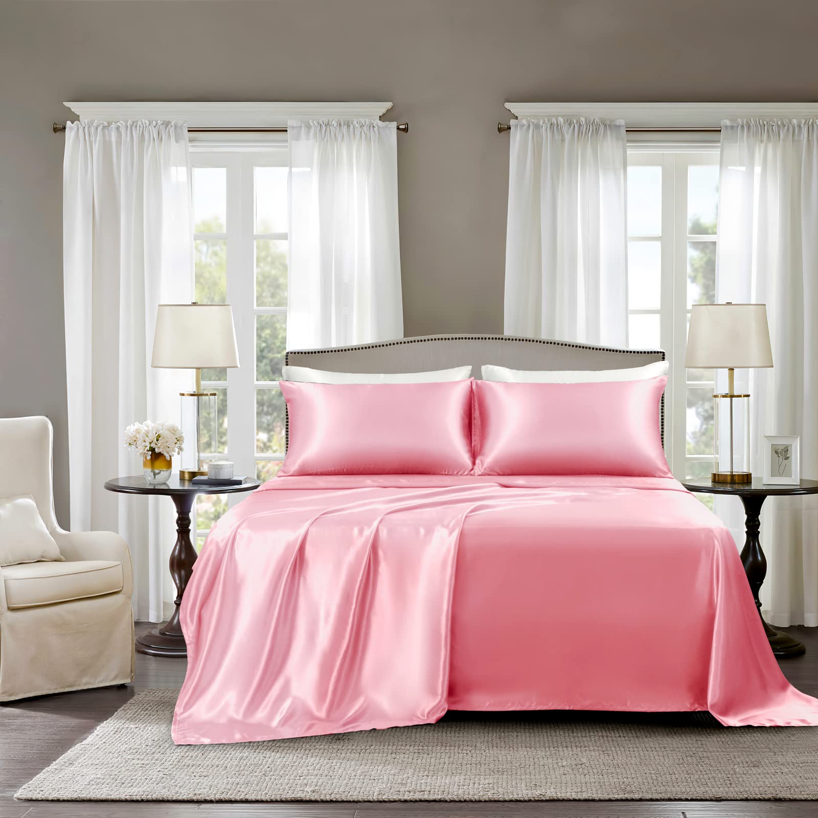 Golal Satin Sheets King Size - 4 Pieces Luxury Silky Soft Bed Sheets, Wrinkle-Free Pink Satin Silk Sheet Set With 1 Deep Pocket Fitted Sheet, 1 Flat Sheet, 2 Pillow Cases