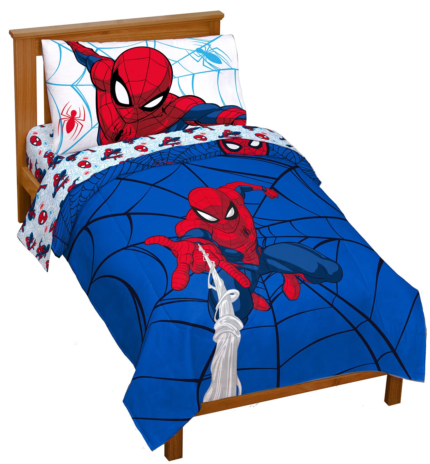 Jay Franco Marvel Spiderman Webtastic 4 Piece Toddler Size Bed Set - Super Soft Microfiber Bed Set Includes Toddler Size Reversi