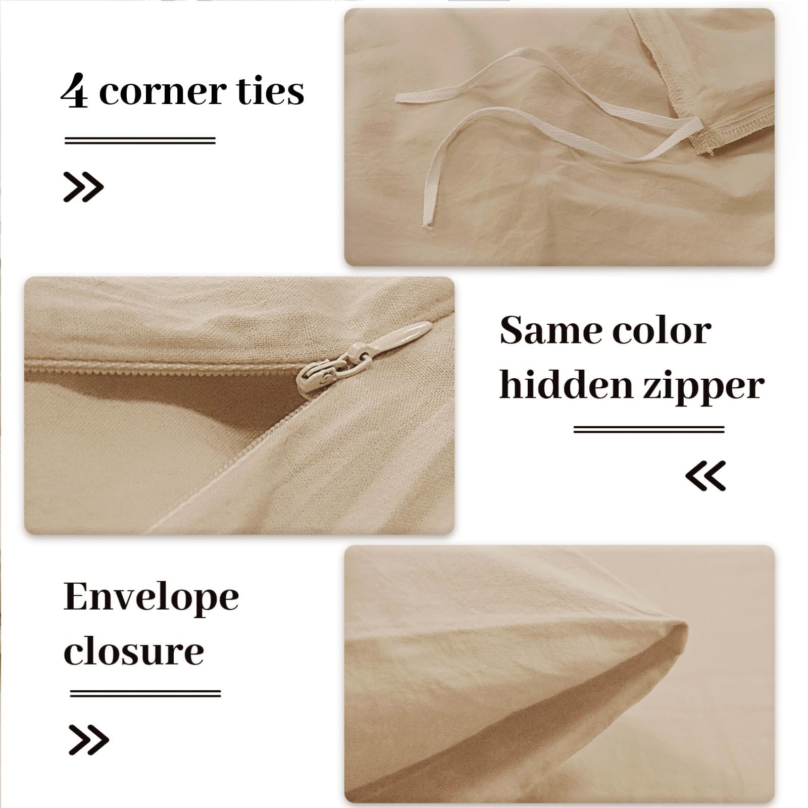 Nexhome Pro Duvet Cover Queen Size, 100% Washed Cotton Linen Feel Textured Organic Natural Duvet Cover, 3 Pieces Bedding Set With Zipper Closure, Breathable, Soft Beige (No Comforter)