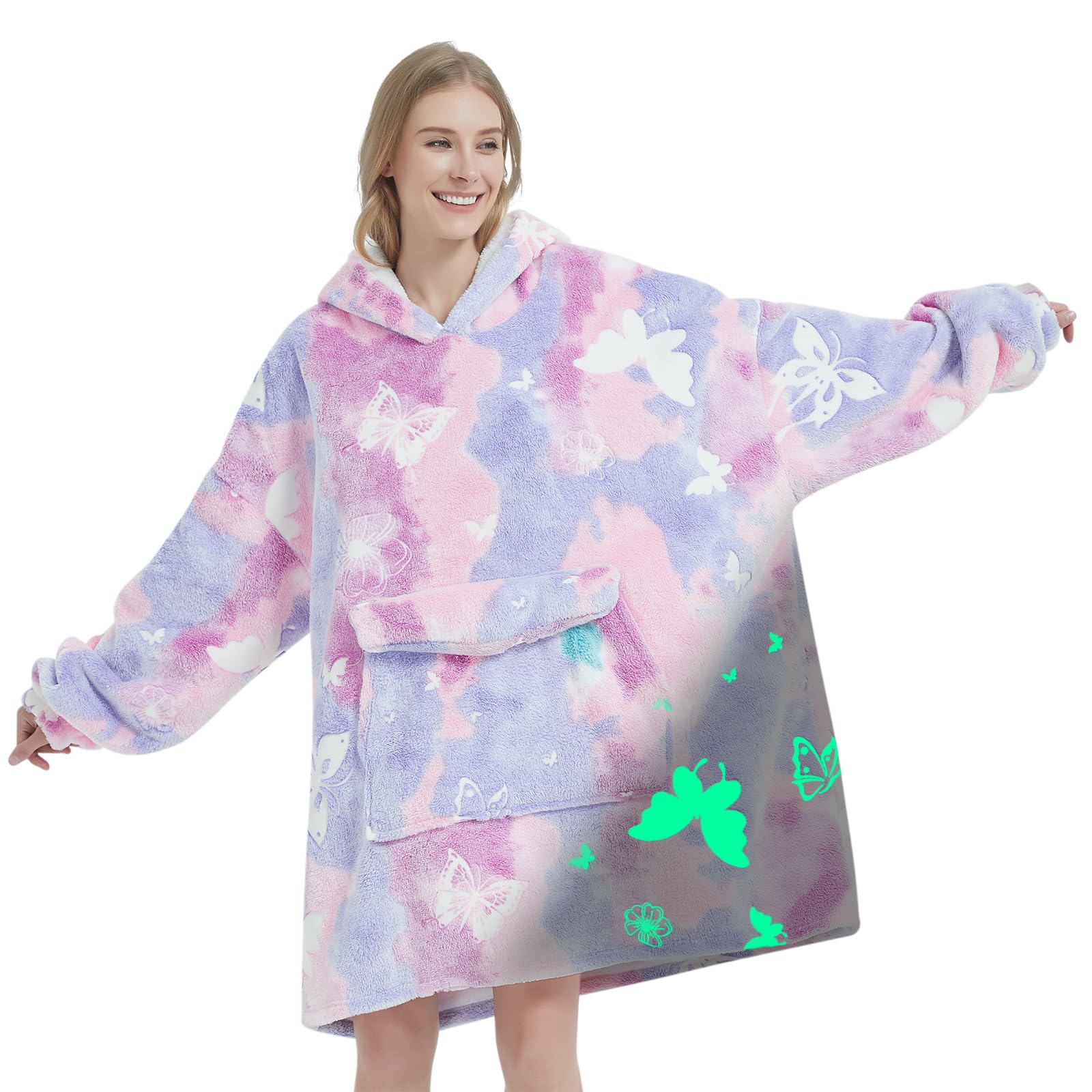Glow in The Dark Butterfly Wearable Blanket Hoodie for Adult,Oversized Sherpa Fleece Blanket Hoodie for Women,Wearable Blanket H