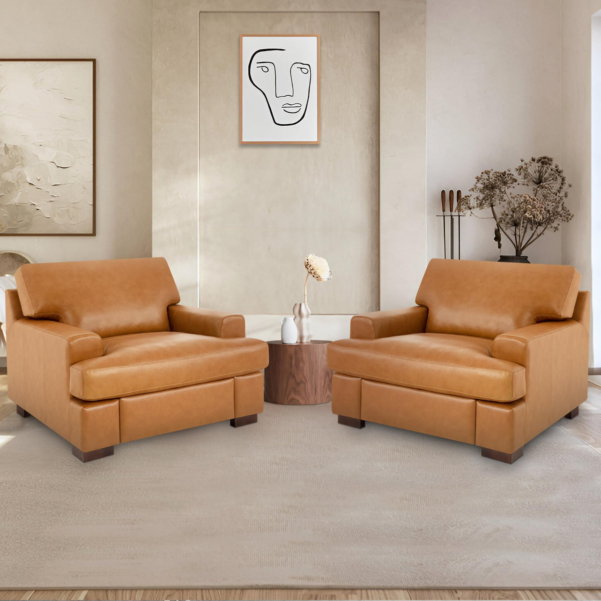 Naomi Home Siggy Genuine Leather Accent Chair Set Of 2 - Luxurious Comfort, Goose Feather Cushion Filling, Sturdy Block Legs, El