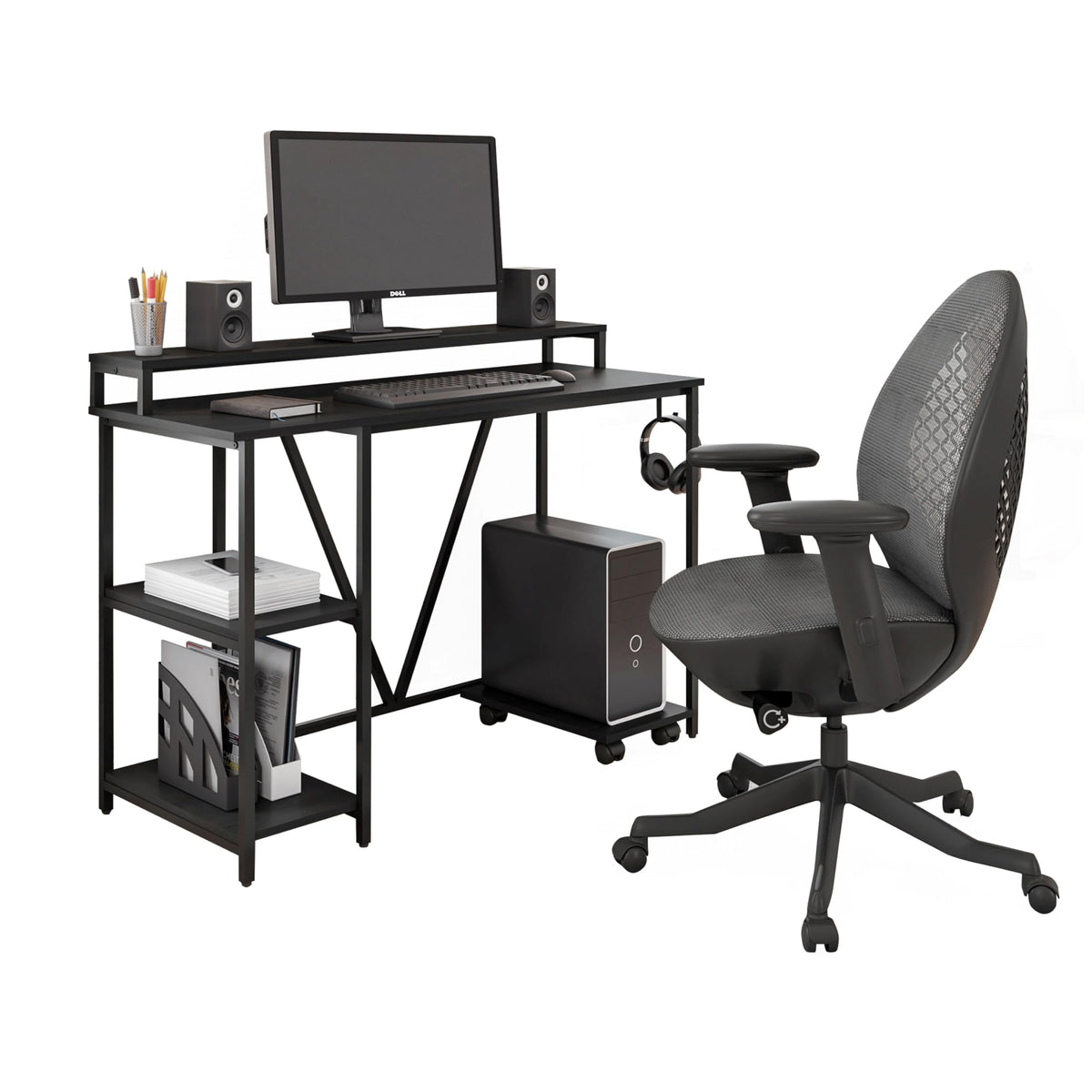 Techni Mobili Computer Desk - Industrial Writing Desk With Storage Shelves, Monitor Stand, & Accessory Holder - Home Office Laptop Computer Table With Cpu Caddy & 2-Tier Small Bookshelf Space,Black