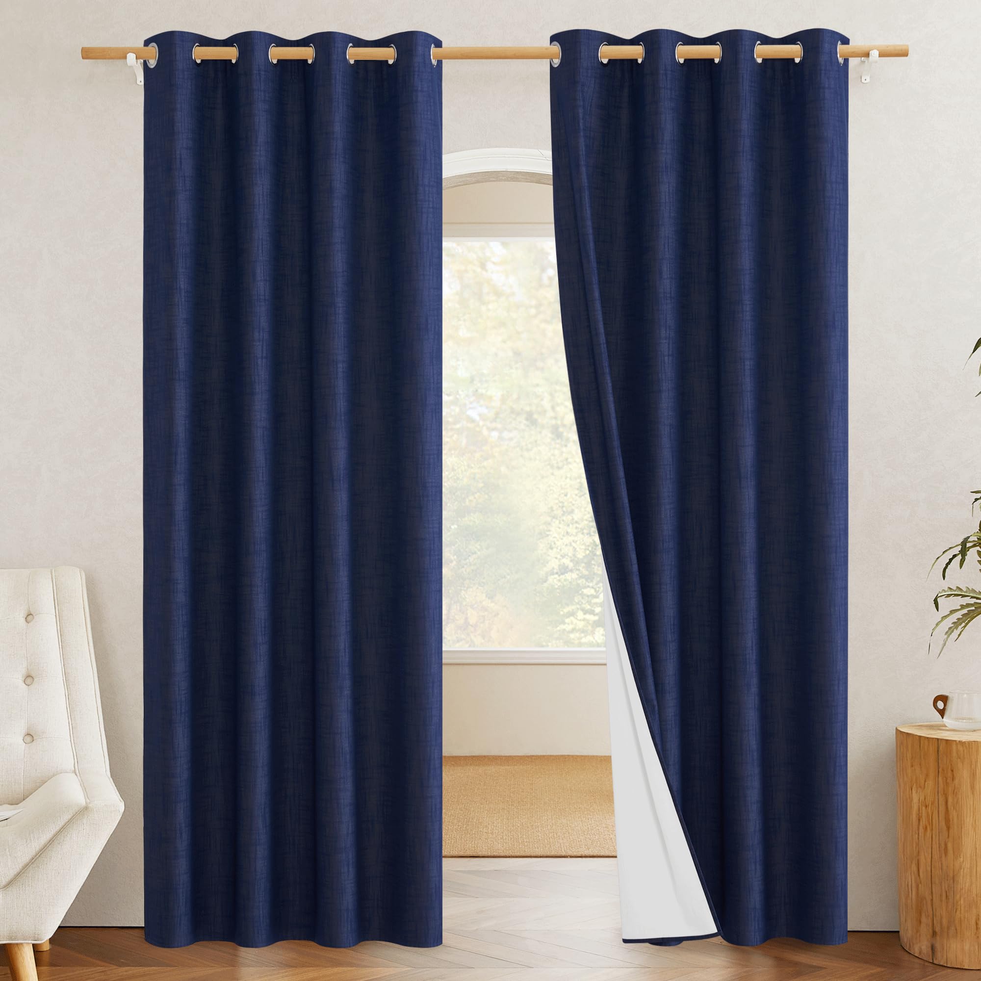 NICETOWN 100% Absolutely Blackout Linen Curtains with Thermal Insulated White Liner, Dark Blue, 52 W x 45 L, Set of 2, Burlap Te