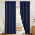 NICETOWN 100% Absolutely Blackout Linen Curtains with Thermal Insulated White Liner, Dark Blue, W52, 2 Pieces, Noise Reducing Te