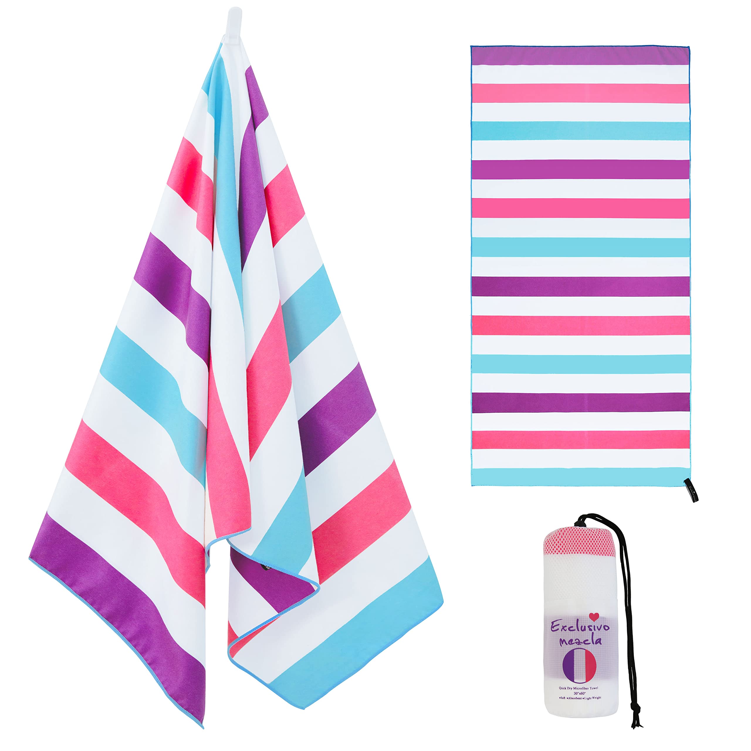 Exclusivo Mezcla Oversized Microfiber Quick Dry Beach Towel, Lightweight Sand-Free Cabana Stripe Pool Travel Camping Towel with 