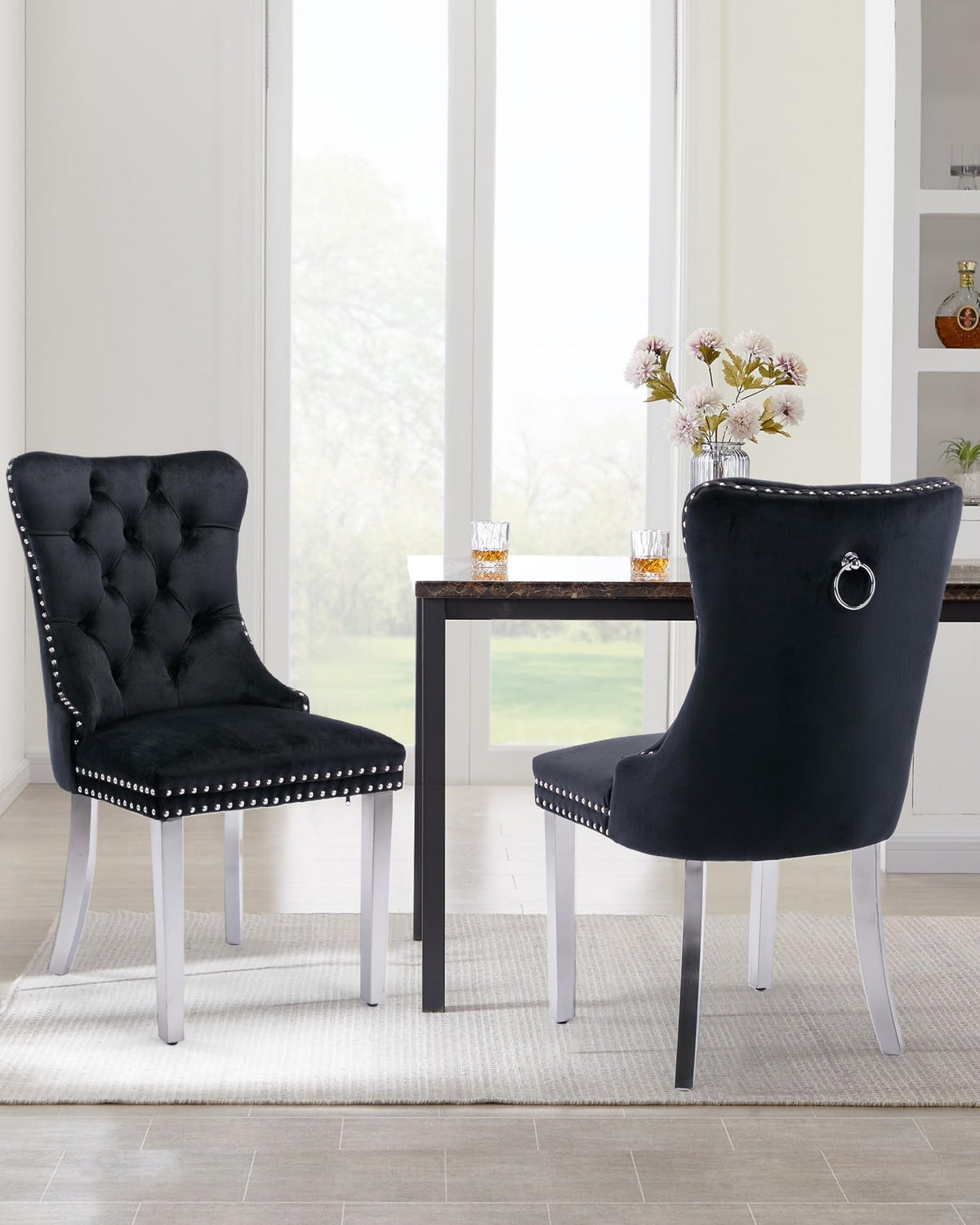 Vicbarley Velvet Dining Chair Set Of 2 Upholstered Tufted Dining Room Chair With Nailhead Trim And Stainless Steel Silver Plated