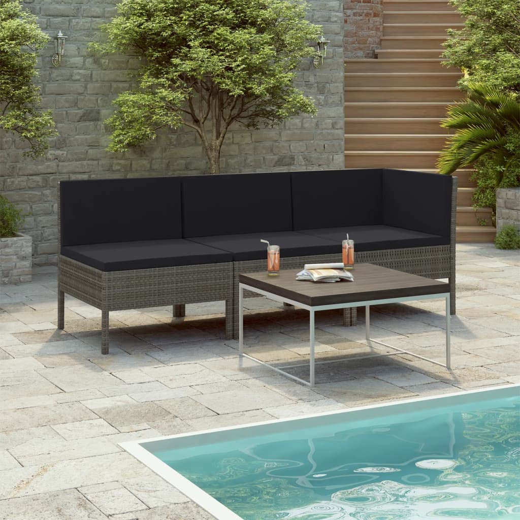 vidaXL 3-Piece Outdoor Patio Lounge Set - Poly Rattan Lounge Set with Cushions - Weather-Resistant and Powder-Coated Steel Frame - Gray Color.