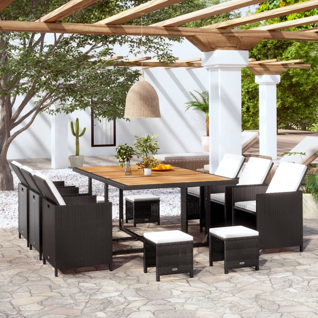 vidaXL Patio Dining Set 11 Piece, Table and Chair for Garden Balcony Porch, Outdoor Dining Set with Cushions, Poly Rattan and Acacia Wood Black