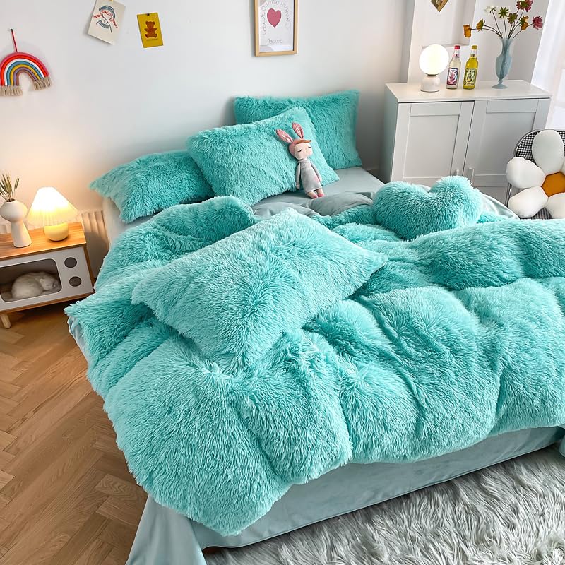 Chovy Faux Fur Plush Sky Blue Comforter Sets King - Ultra Soft Shaggy Flannel Velvet Fluffy Fuzzy 3Pc Bedding Set (Comforter X 1