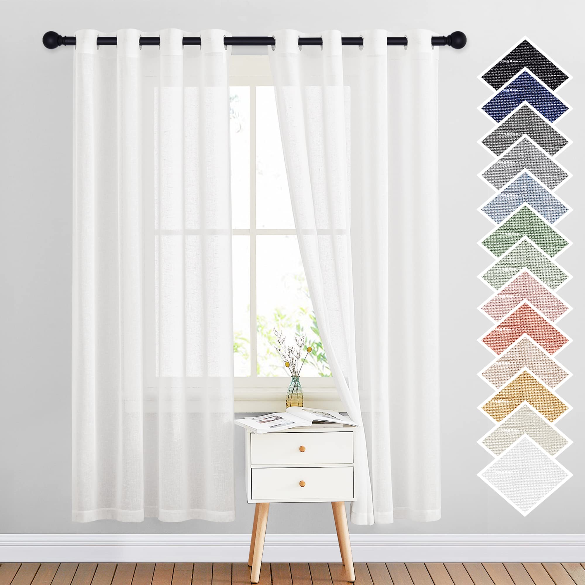 Nicetown White Sheer Linen Curtains Flax Texture For Bedroom, Vintage Grommet Top Semitransparent Privacy Window Treatment Light