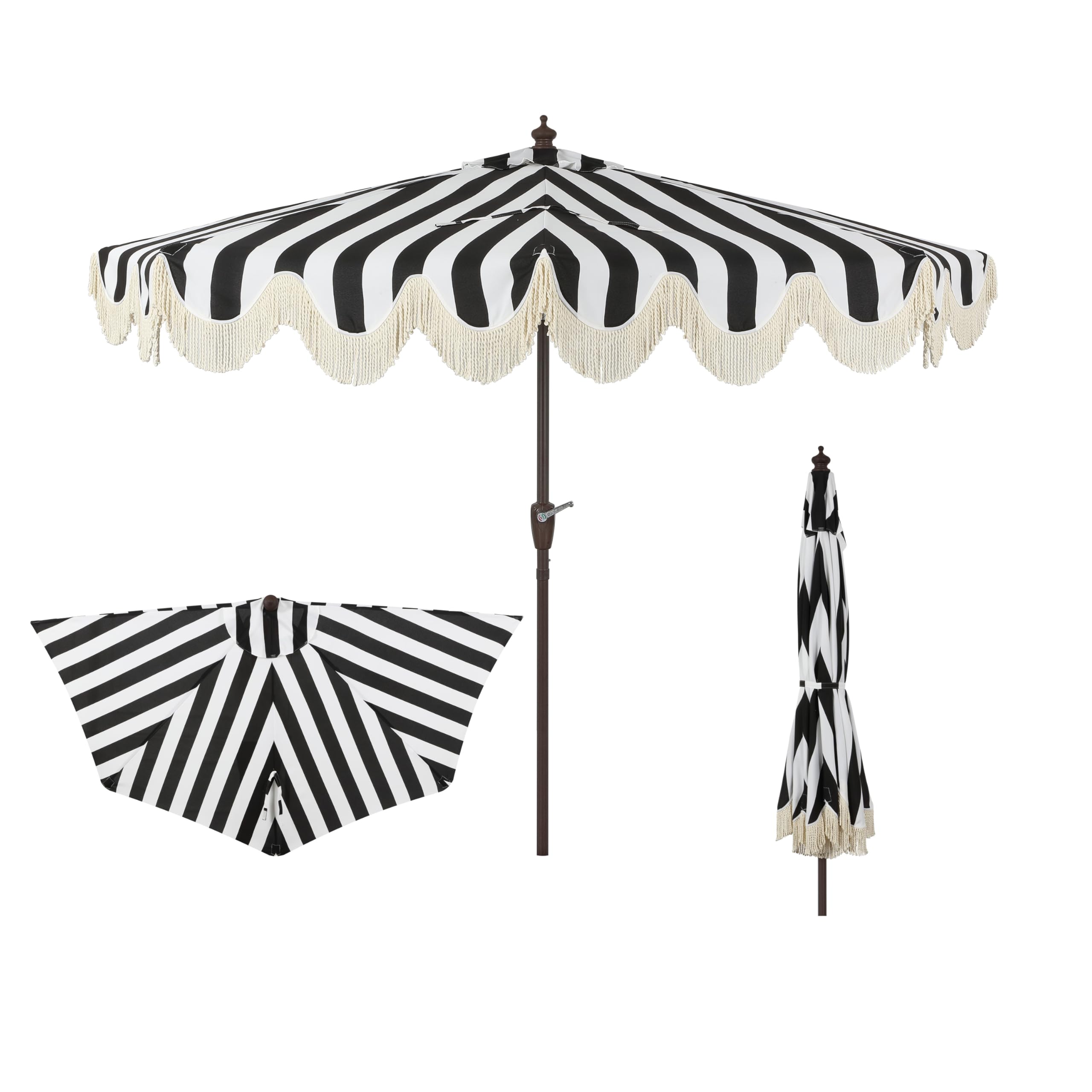 JONATHAN Y Half Umbrella UMB1201A Beverly 9 ft. Designer Classic Scalloped Fringe Market Patio with Crank, Push Button Tilt and 