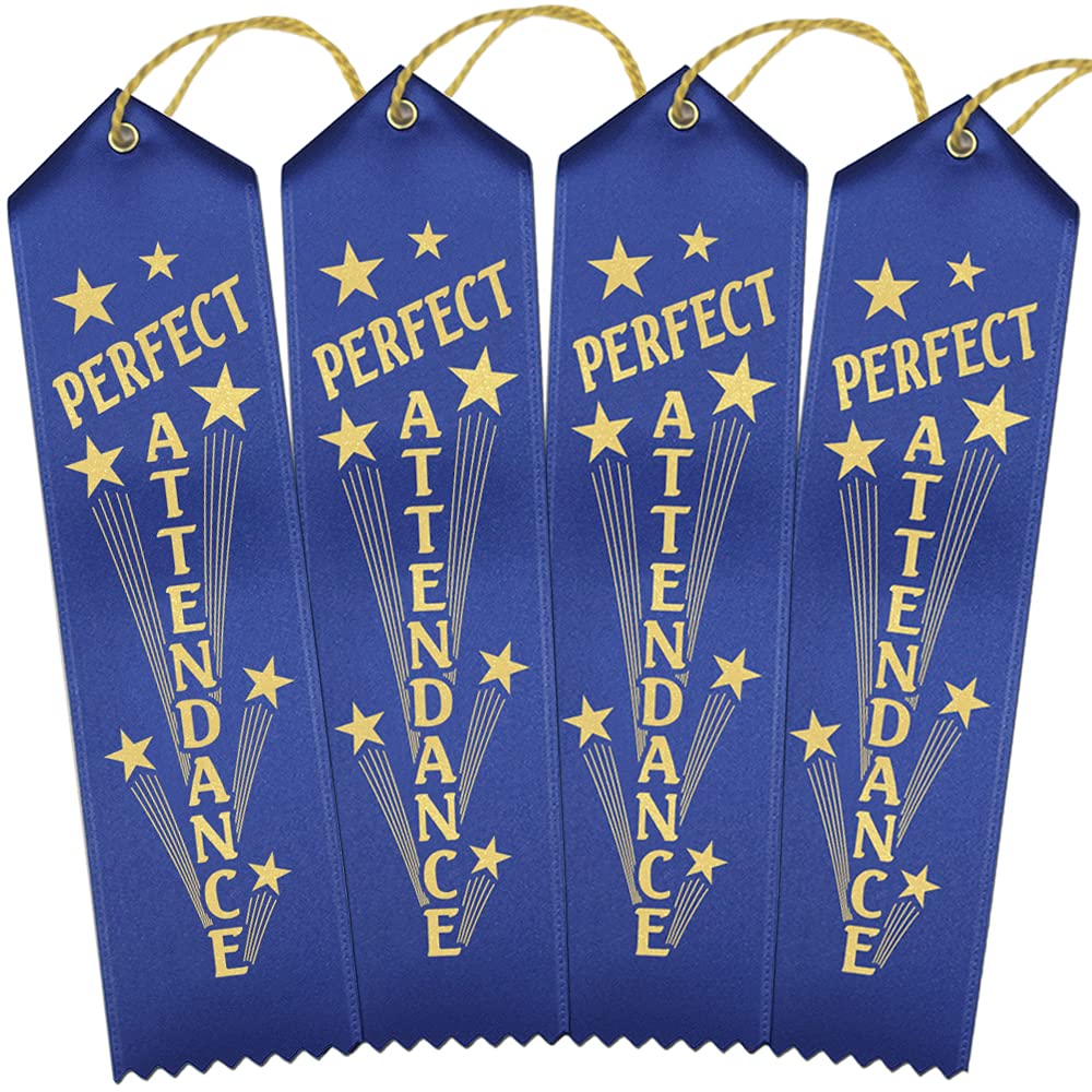 Ribbonsnow Perfect Attendance Ribbons - 100 Blue Ribbons With Card & String