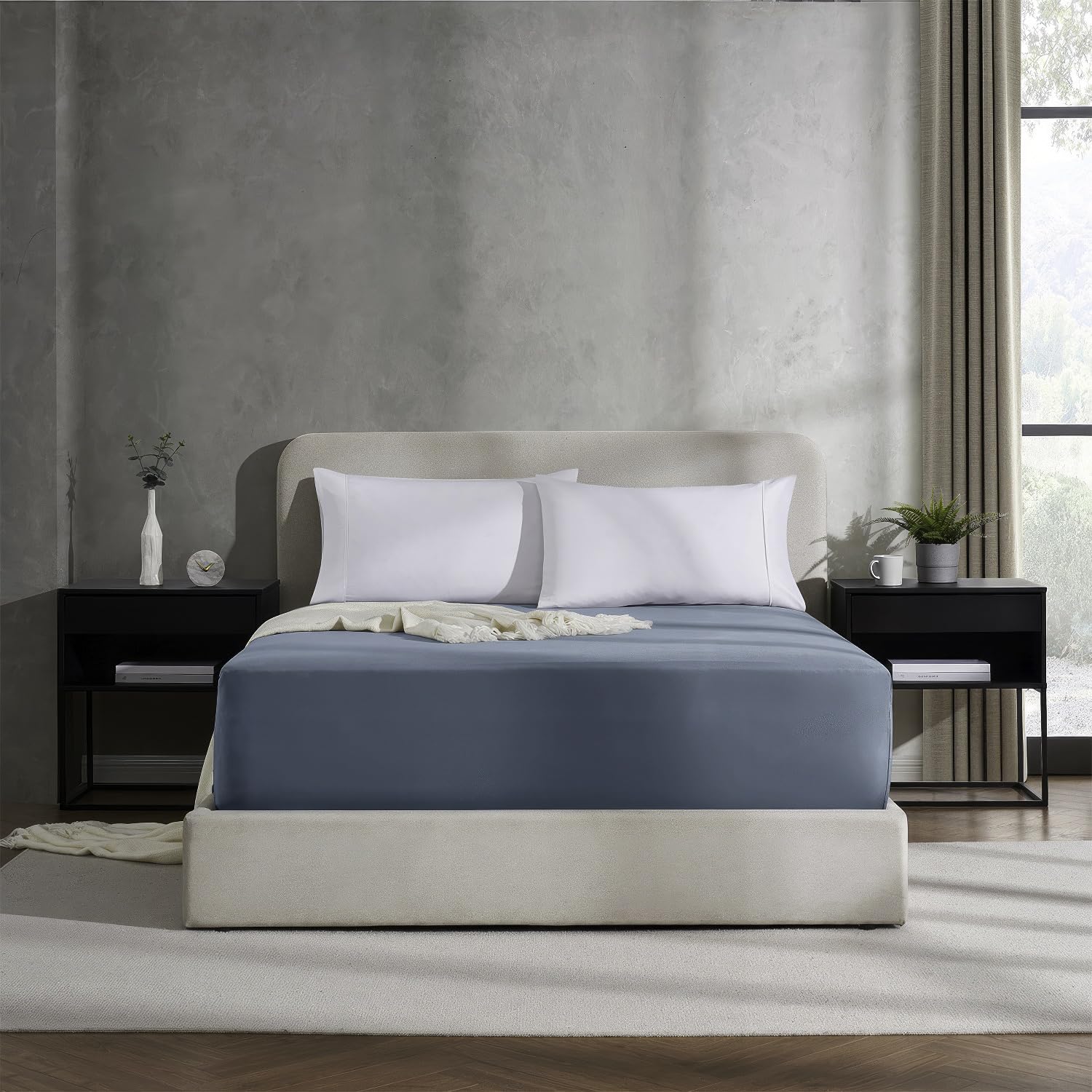 Nestl Extra Deep Pocket Full Fitted Sheet, Stone Blue Full Size Fitted Sheet Only, 1800 Microfiber Fitted Bed Sheet, Ultra Soft Full Bed Fitted Sheet Fits Up To 24 Inch Mattress