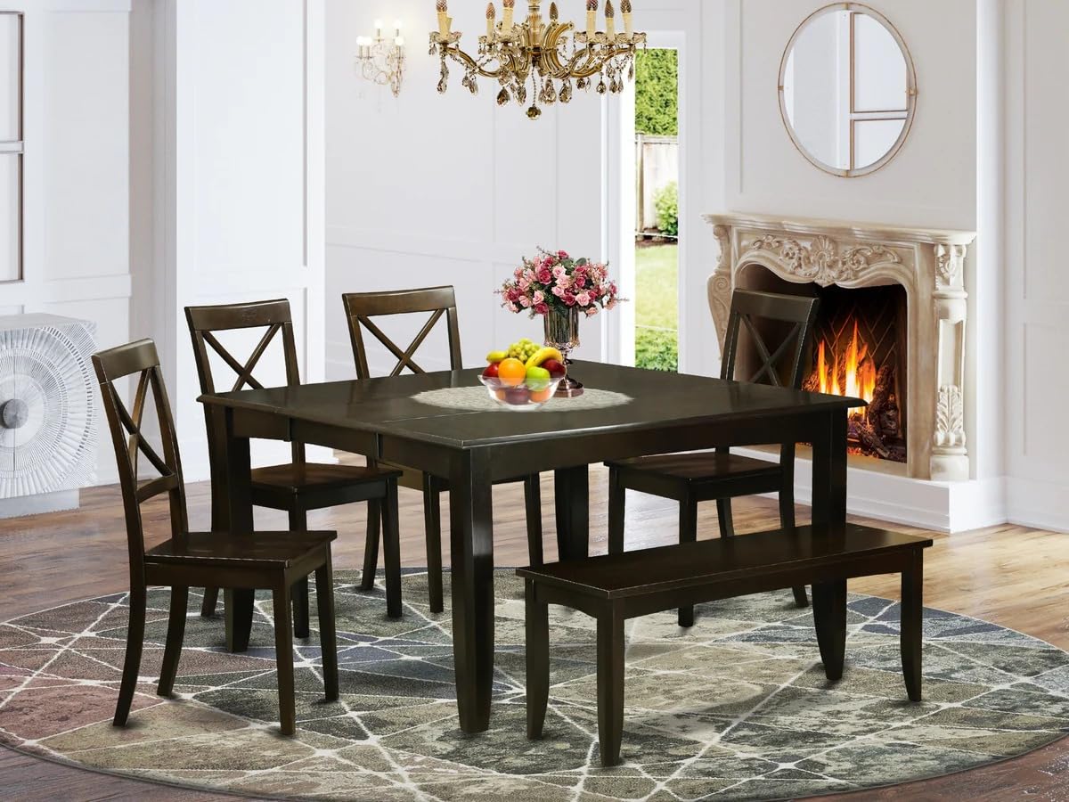 East West Furniture PFBO6-CAP-W 6 Piece Dining Table Set Contains a Square Dining Room Table with Butterfly Leaf and 4 Wooden Seat Chairs with a Bench, 54x54 Inch, Cappuccino