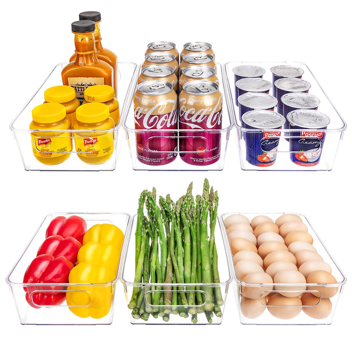 HOMER Set of 6 Refrigerator Organizer Bins, Pantry Organization and Storage Bins, Fridge Organizers with Cutout Handles, Clear P