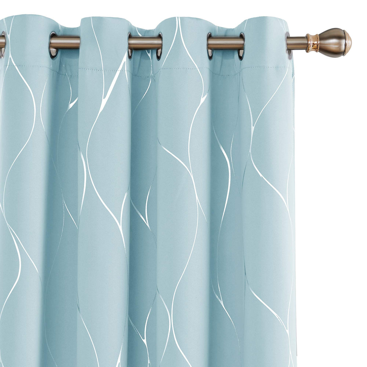 Deconovo Grommet Blackout Curtains, Silver Foil Wave Print Room Darkening Window Panel, Light Blocking Thermal Insulated Drapes