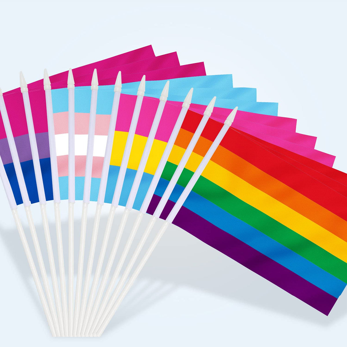 Anley Lgbt Mini Flag 12 Pack - Hand Held Small Miniature Rainbow, Transgender, Bisexual And Pansexual Flags On Stick - Fade Resi