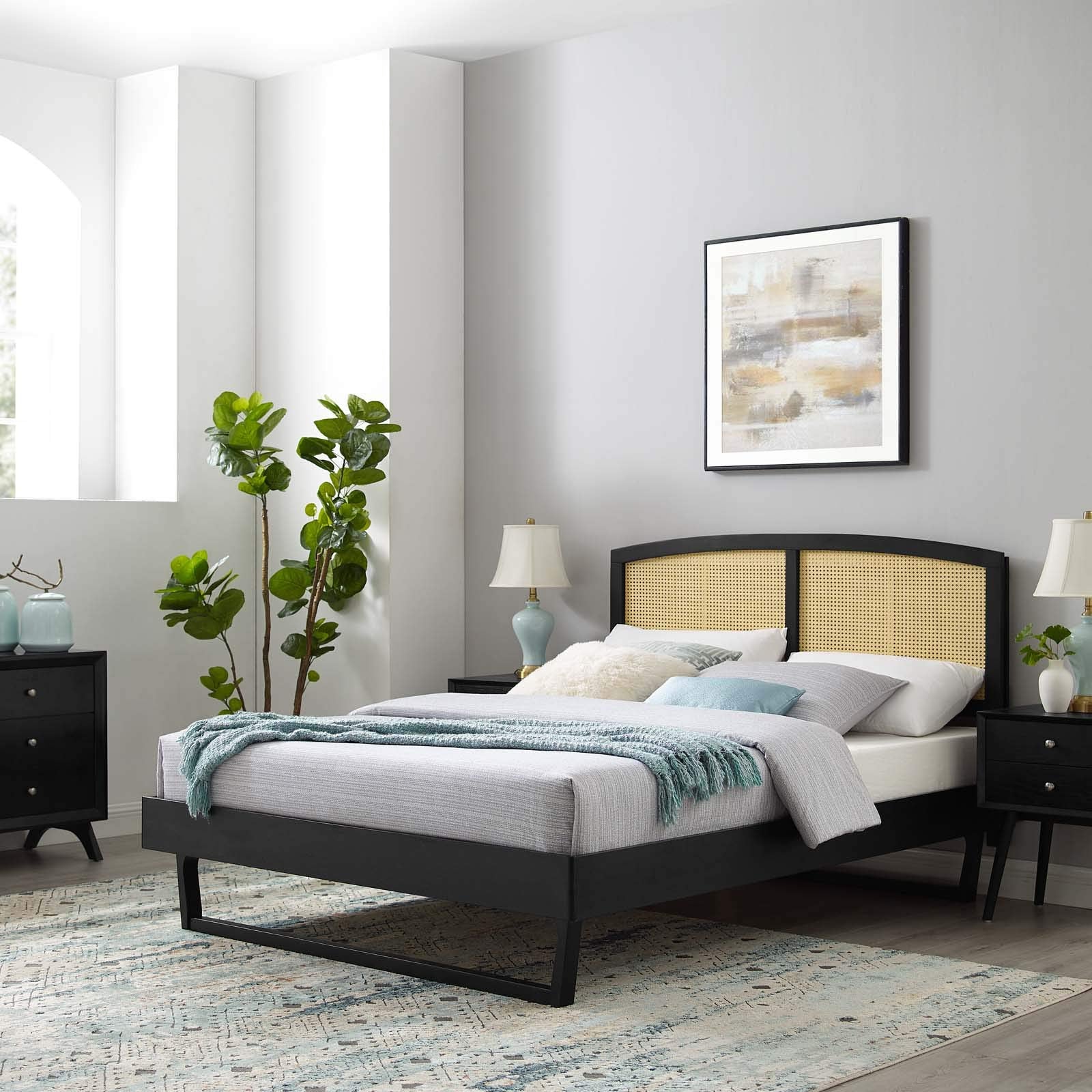 Modway Sierra Cane And Wood Full Platform Bed With Angular Legs In Black