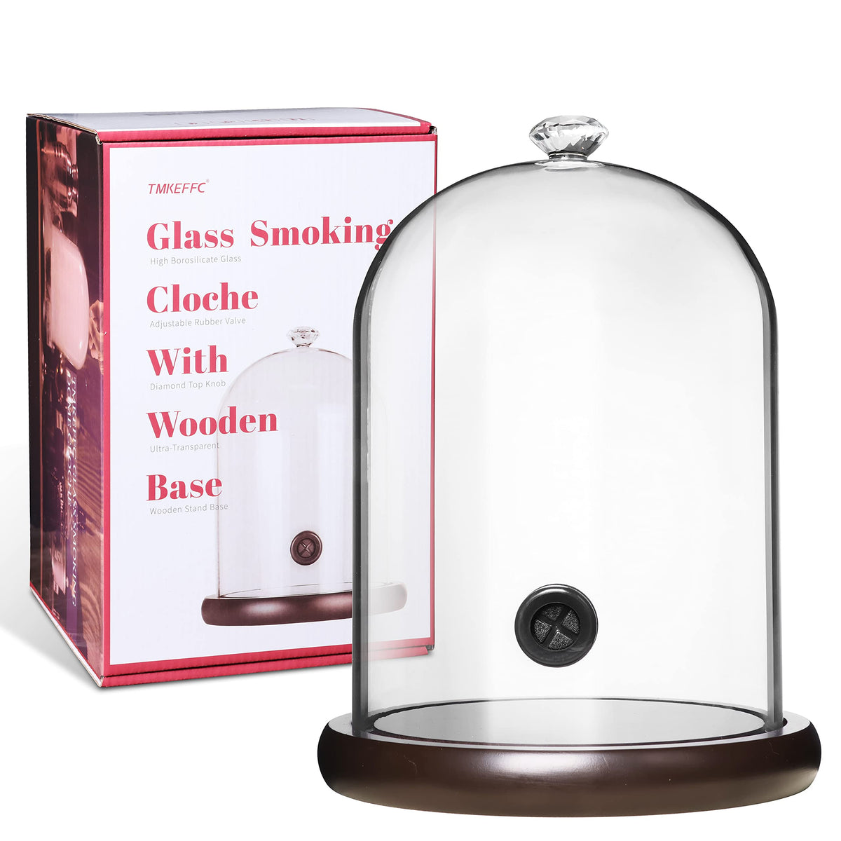 Tmkeffc Smoking Cloche For Food Drinks With Wood Base, Cocktails Smoke Infuser Accessory, Glass Dome For Smoker Gun