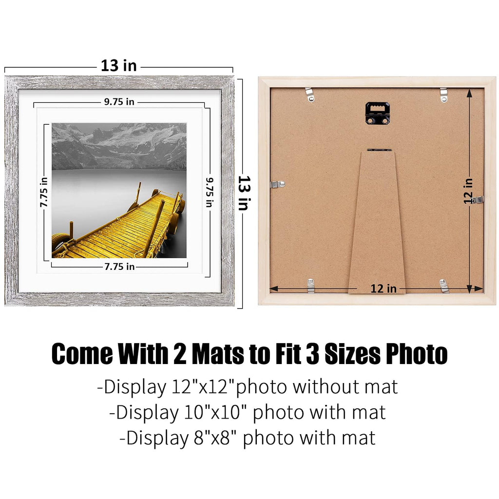 12X12 Picture Frames Wood Rustic Distressed White Display Pictures 10X10 Or 8X8 With Mat Or 12X12 Without Mat - Each 12X12 Inch