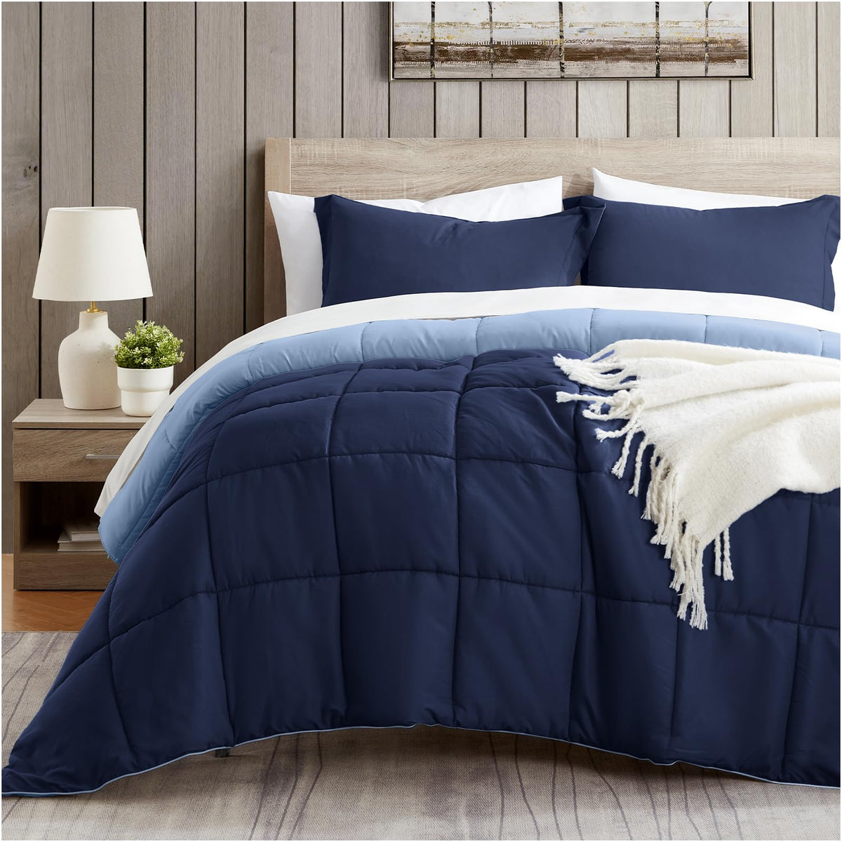 Satisomnia Queen Comforter Set, Navy Blue Bedding Comforters Queen Size, 3 Pieces Down Alternative Bed Comforter Lightweight, So