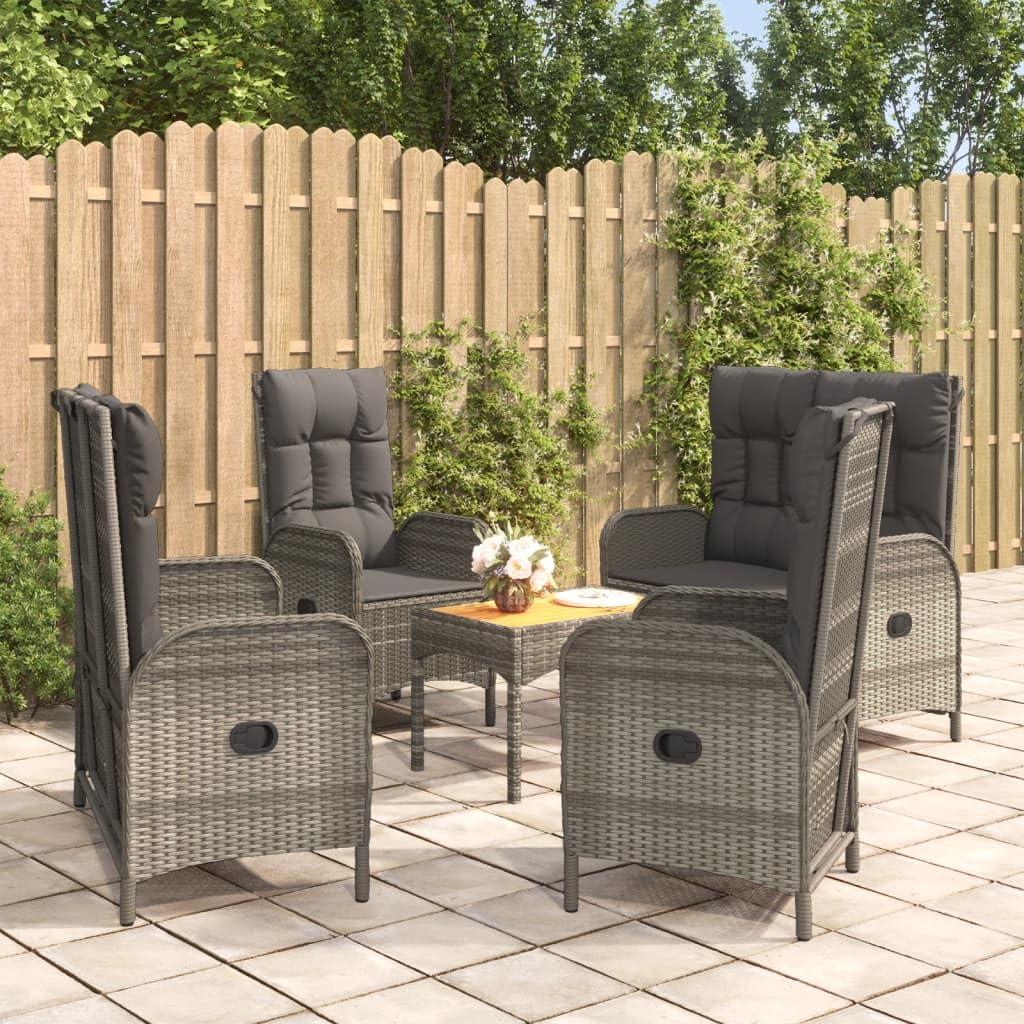 vidaXL Patio Dining Set 5 Piece, Wicker Dining Table and Chair with Cushions, Reclining Chair for Lawn Backyard Garden, Gray Poly Rattan