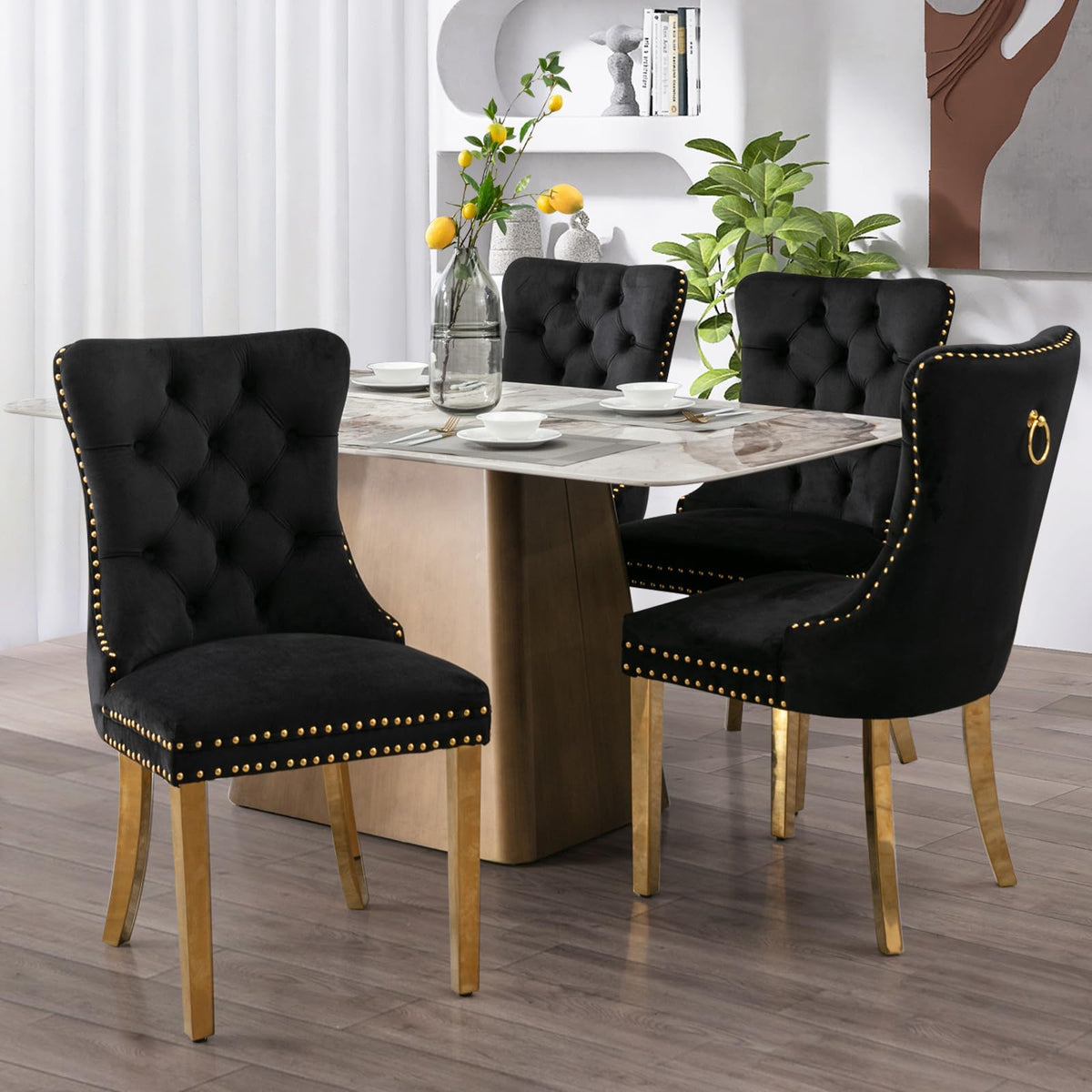Soarflash Velvet Dining Chair Set Of 4, Upholstered Tufted Dining Room Chair With Nailhead Trim And Solid Gold Plated Leg For Ki
