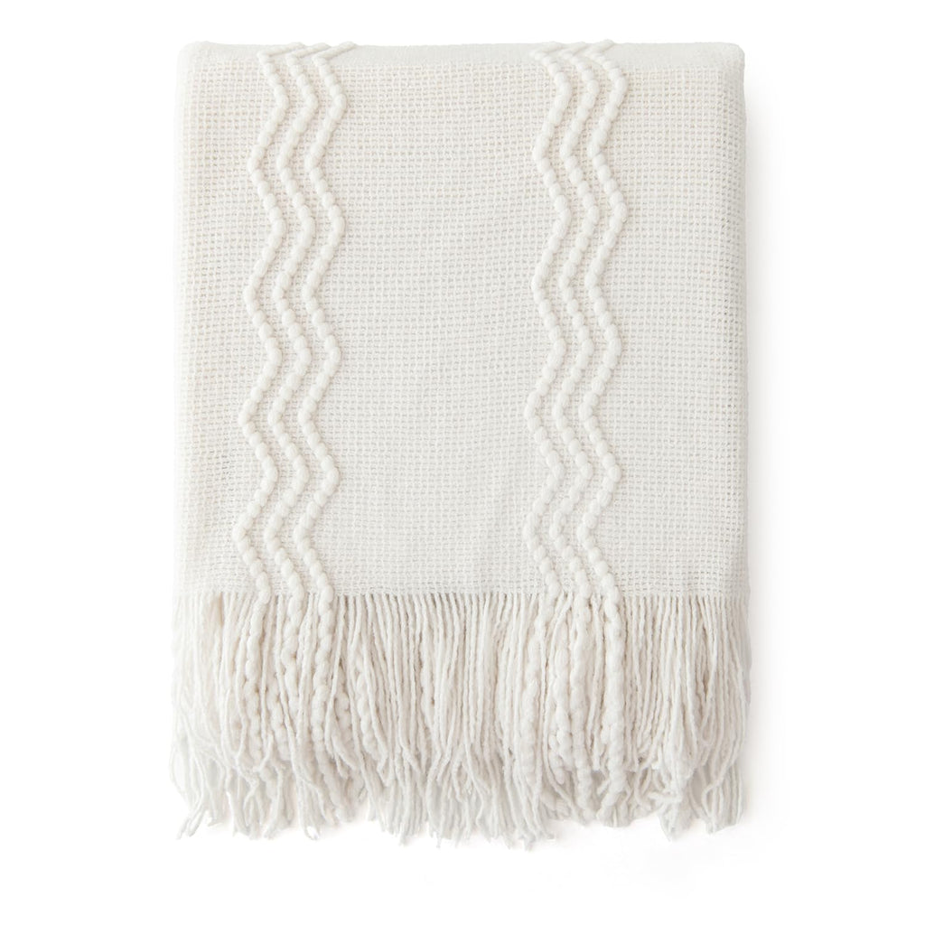 Miulee Off White Knitted Throw Blanket For Couch Textured Knit Blanket With Tassels Cozy Woven Boho Bed Blanket For Sofa Bed Chair Acrylic Wave Pattern 50'X60'