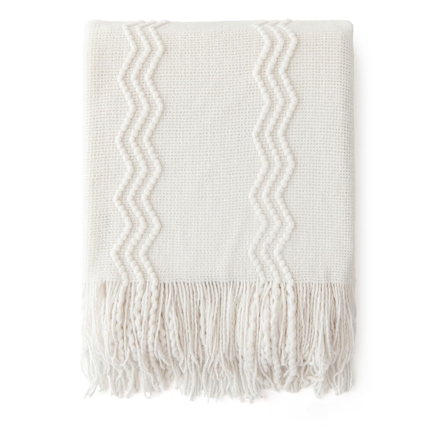 Miulee Off White Knitted Throw Blanket For Couch Textured Knit Blanket With Tassels Cozy Woven Boho Bed Blanket For Sofa Bed Chair Acrylic Wave Pattern 50'X60'