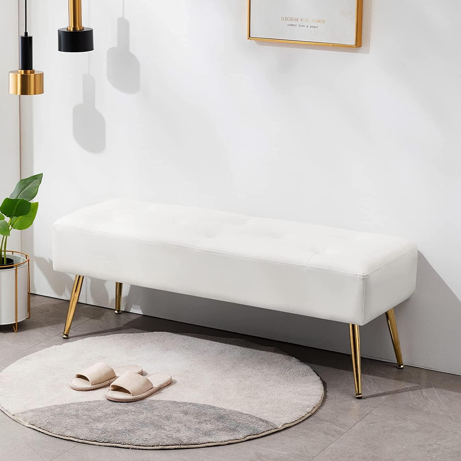 Furniliving Modern Pu Leather Benches, Upholstered Tufted Leather Bedroom Ottoman 44' Ottoman Bench With X-Shaped Metal Legs For Makeup Room, Solid Bed Bench For Foyer, Ivorywhite