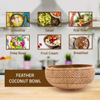 Rainforest Bowls Set Of 2 Jumbo Feather Coconut Bowls, 2 Wooden Spoons & 2 Reusable Bamboo Straws - 100% Natural, Hand Carved By