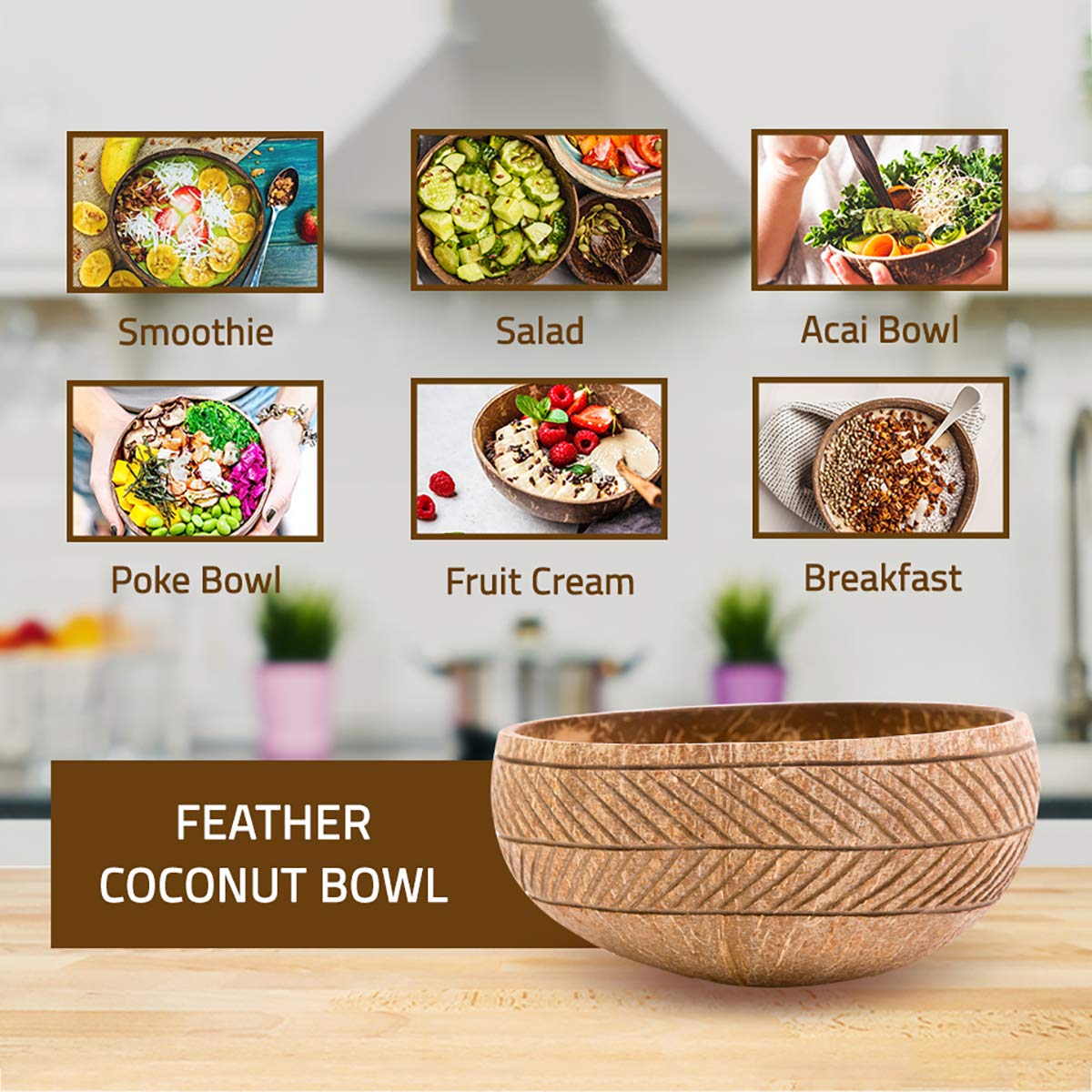 Rainforest Bowls Set Of 2 Jumbo Feather Coconut Bowls, 2 Wooden Spoons & 2 Reusable Bamboo Straws - 100% Natural, Hand Carved By