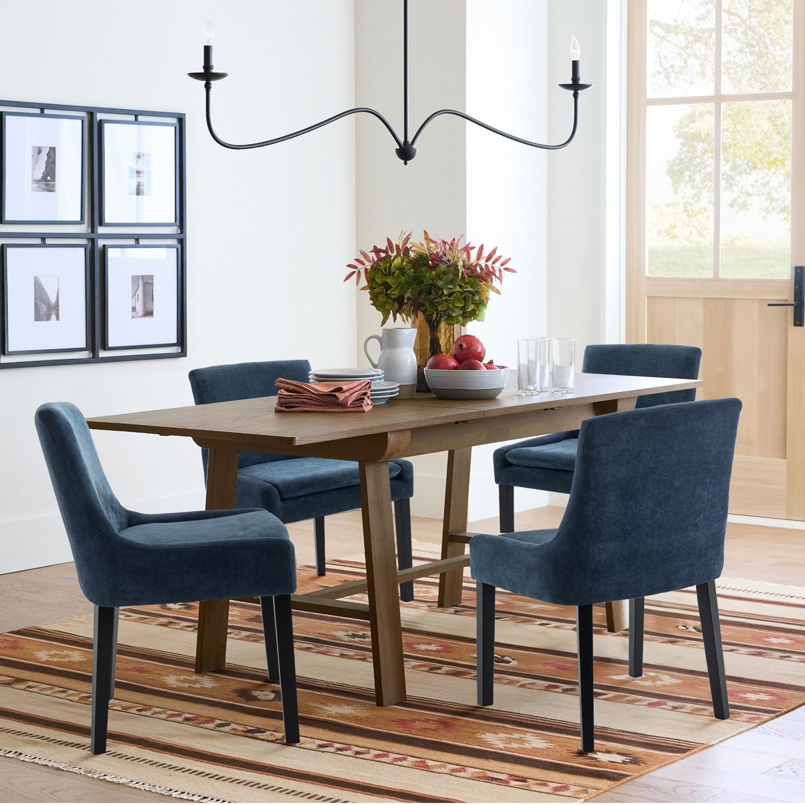 COLAMY Dining Chairs Set of 2 Upholstered Corduroy Accent Side Leisure Chairs Mid Back Wood Legs Blue HY-T89-Blue