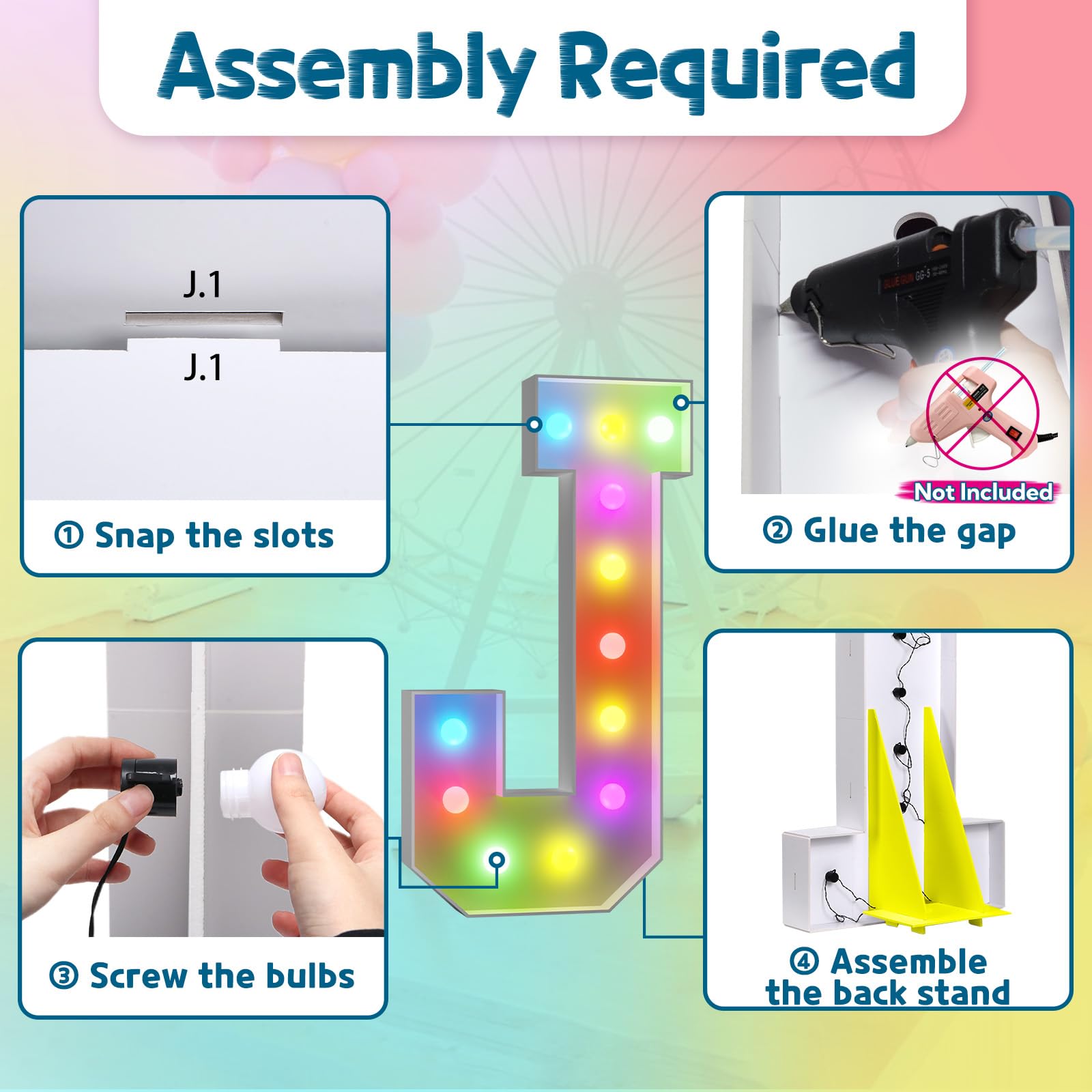 Imprsv 4Ft Colorful Marquee Light Up Letters J, 18 Colors Light Up Letters Alphabet Sign With Remote, One Letters First Birthday