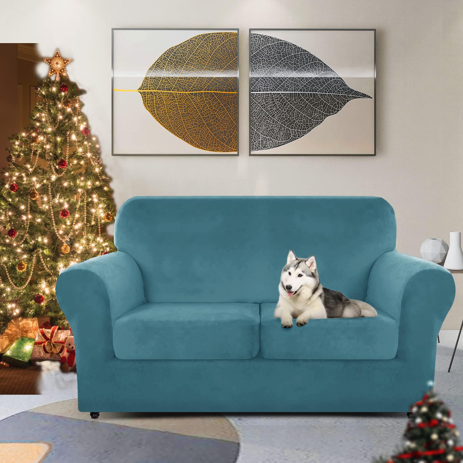 Znsayotx Luxury Velvet Couch Cover 3 Piece Stretch Sofa Covers For 2 Cushion Couch Soft Loveseat Slipcover Living Room Anti Slip Dogs Love Seat Furniture Protector (Peacock Blue), 55'-69'(2 Cushions)