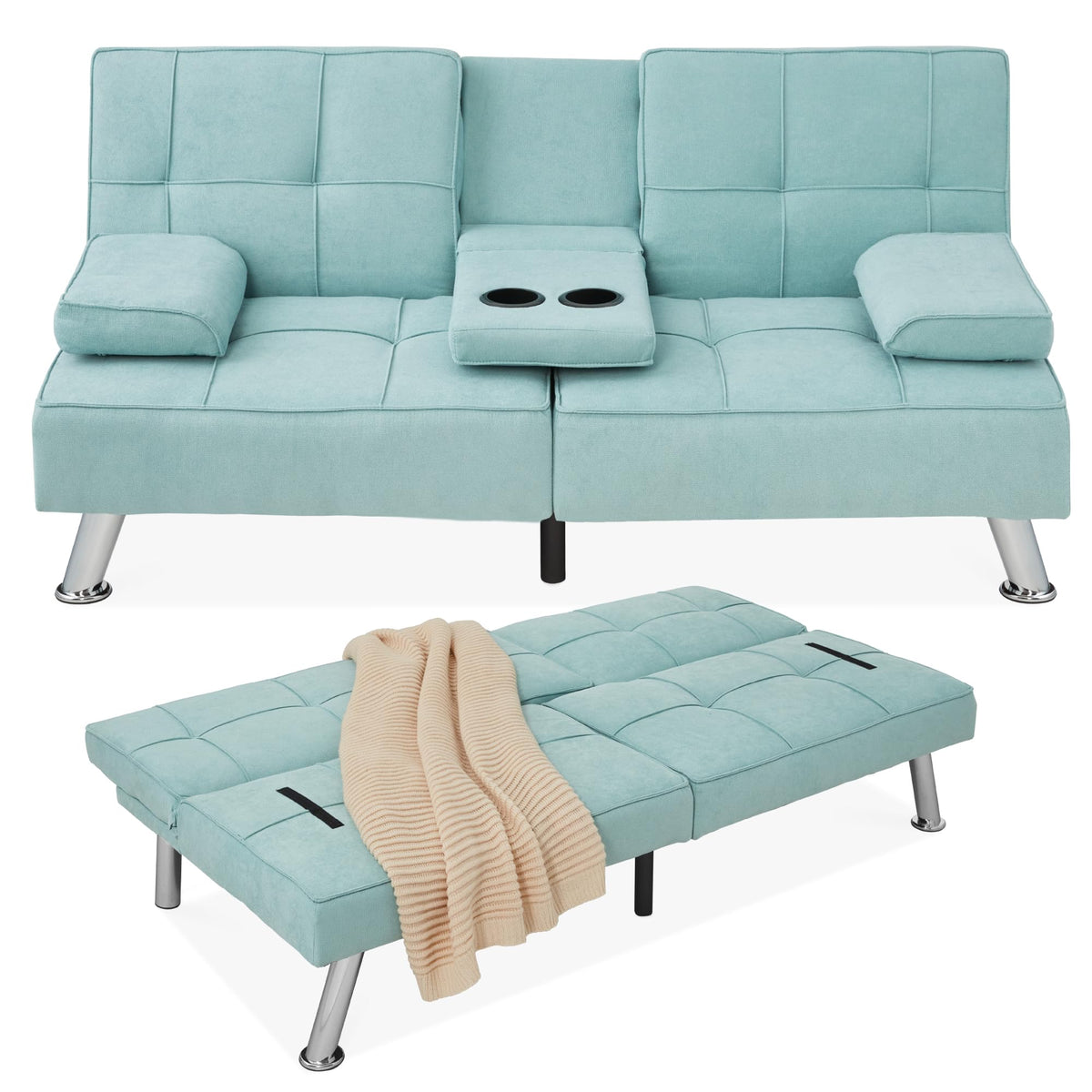 Best Choice Products Linen Modern Folding Futon, Reclining Sofa Bed for Apartment, Dorm w/Removable Armrests, 2 Cupholders - Aqu