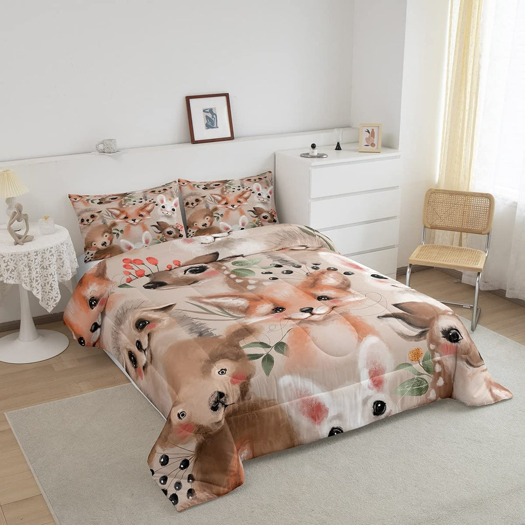 Kawaii Animals Comforter Set Queen Size,Cute Fox Deer Rabbit Bedding Set Kids Young Man,Plants Leaves Comforter For Teen Child Room Decor,Animal Home Quilted Duvet Set With 2 Pillowcase