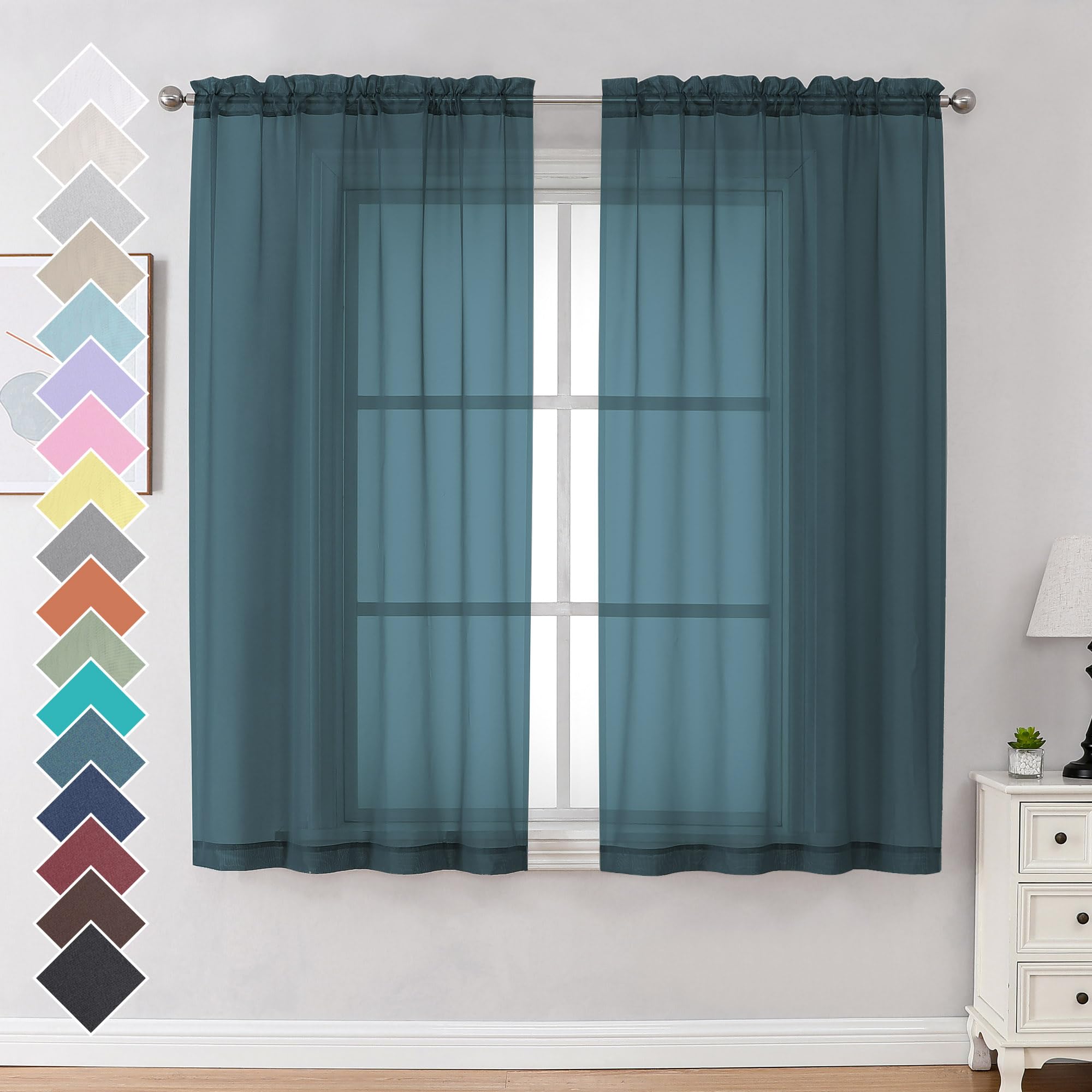 Ovzme Dusty Blue Sheer Curtains 63 Inch Length 2 Panels Set For Kitchen Decor, Elegant Light Filtering Airy Semi Voile Window Tr