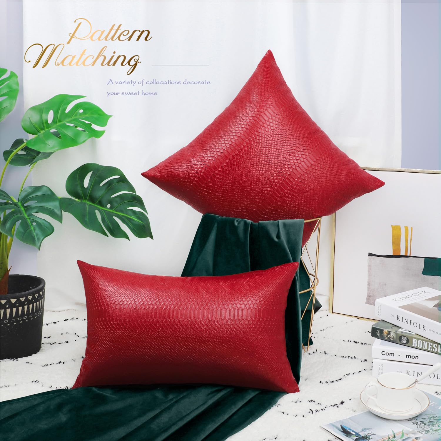 Brawarm Christmas Red Leather Throw Pillows 20 X 20 Inches, Snake Leather Pillow Covers Pack Of 2, Faux Leather Decorative Pillo