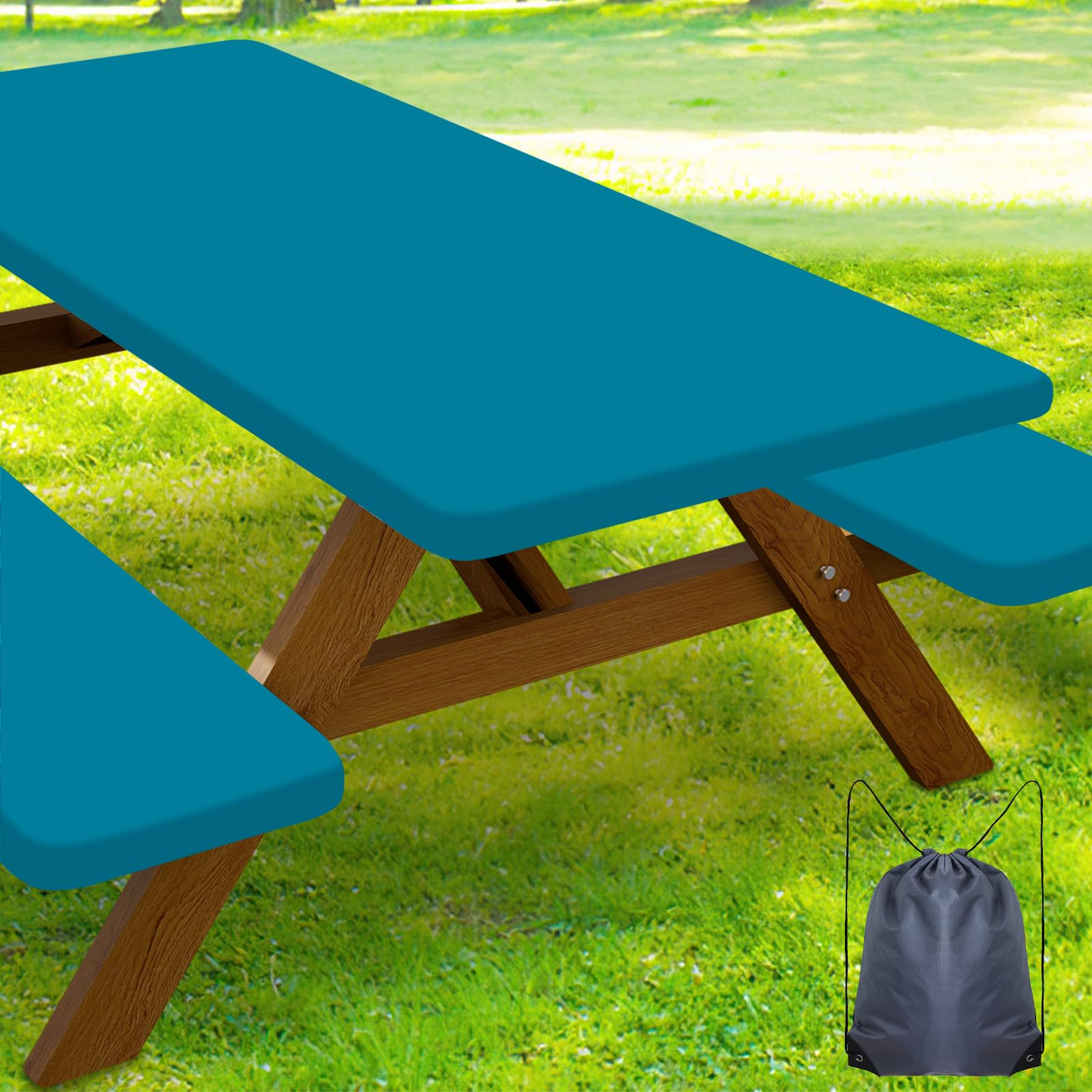 Smiry Picnic Table Cover with Bench Covers, Waterproof Elastic Fitted Polyester Tablecloths for 8 Ft Rectangle Tables, Washable 